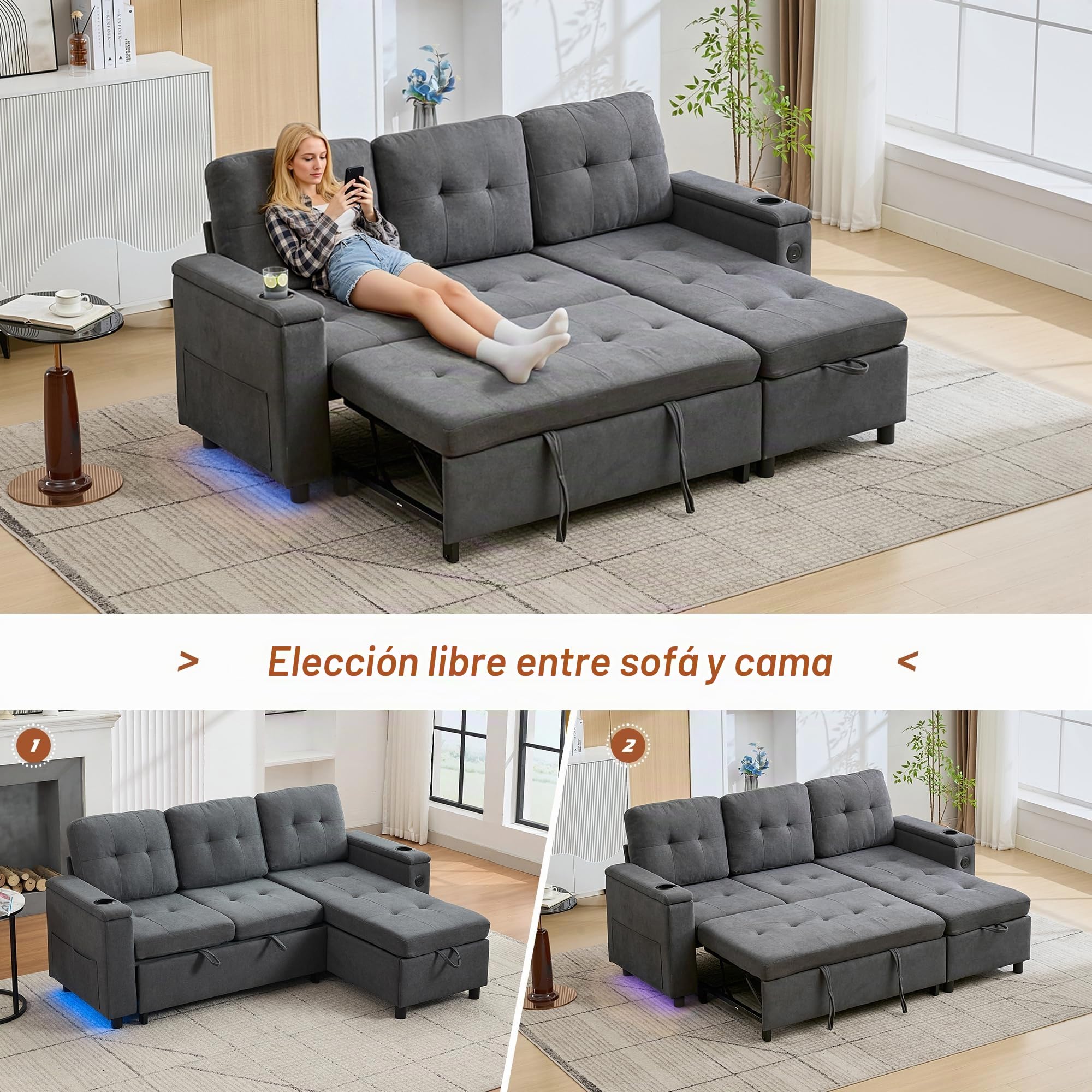 Sofá cama de 3 plazas, 208 × 146 cm, sofá plegable con espacio de almacenamiento y barra de luz LED, sofá con USB y tipo C, soporte para bebidas y bolsillos laterales, sofá esquinero en