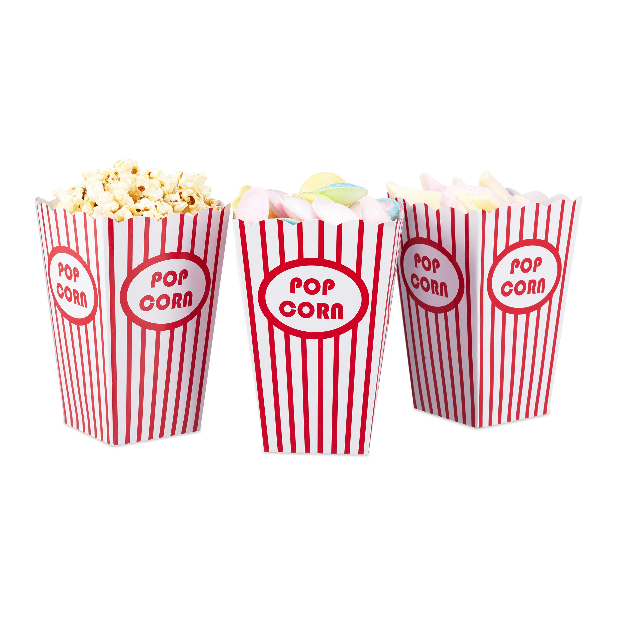 Relaxdays, czerwone/białe torebki na popcorn, 48 sztuk, w paski, styl amerykański, styl retro, kino, akcesoria na wieczór filmowy, urodziny dziecka, tektura, zestaw 48 sztuk