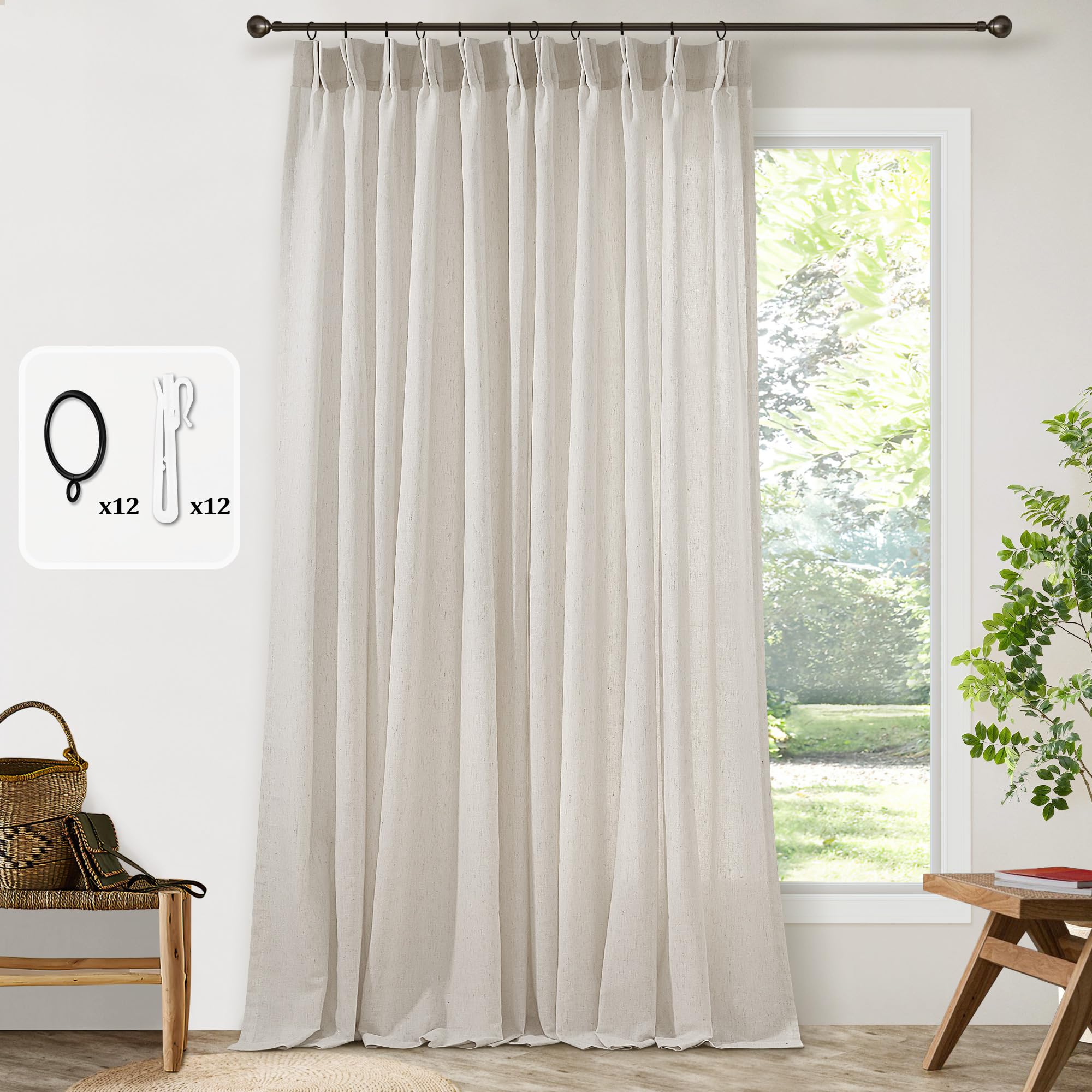 Photo 1 of Pinch Pleat 120 Inch Linen Curtains for High Living Room 72 Inch Width Light Filtering Semi Sheer Custom Memory Trained Pleated Boho Neutral Extra Wide 72 x 120 Curtain Panel for Patio Balcony 10FT