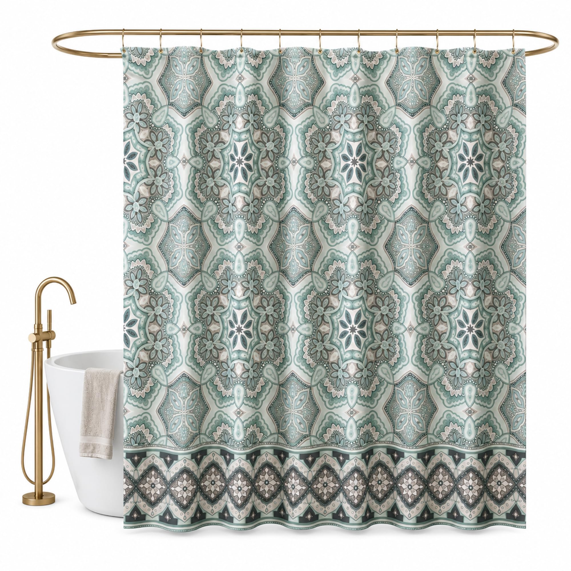 homewards Digitally Printed Ethenic Design Water Repellent Polyester Shower Curtain (6ft x 6ft) 180cm x 180cm with 12 Hooks,Blue Ethenic Design 3