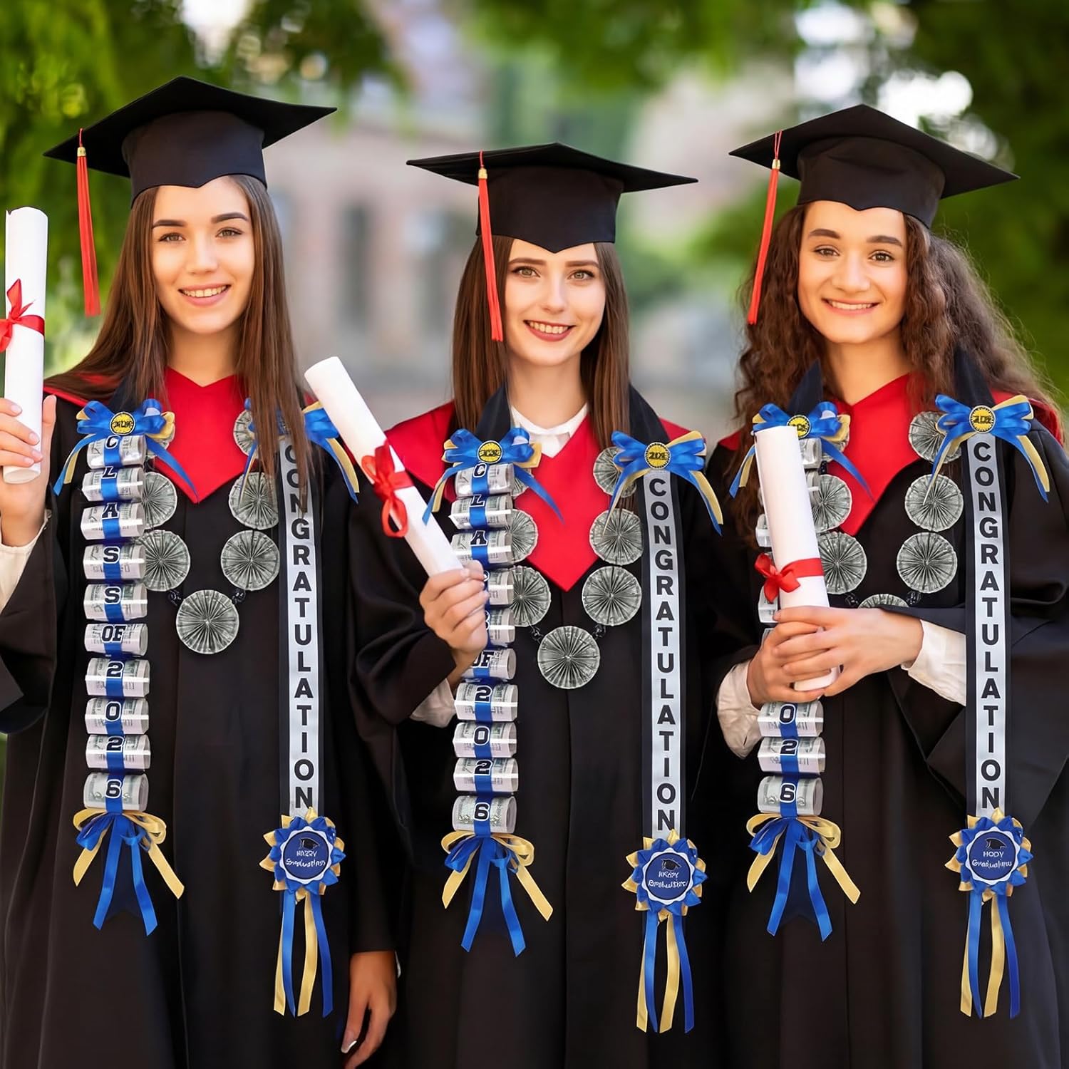 2 Pcs Graduation Leis Kit Class of 2026 Include Graduation Ribbon Money Lei and Grad Kukui Nuts Hawaiian Necklace Gift for High School College Bachelor Doctor Graduate Party Supplies