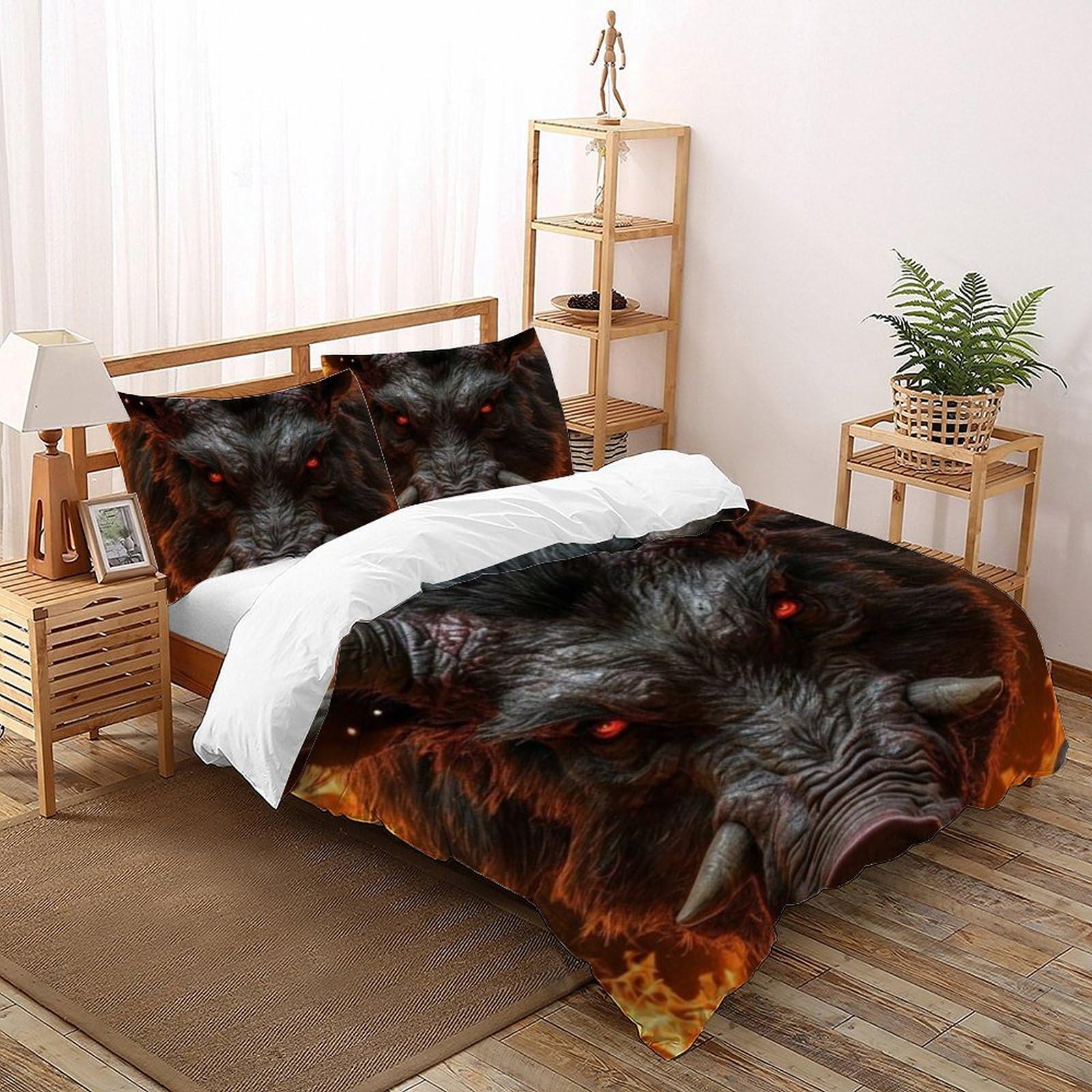 Housse de couette double buffle rouge microfibre imprimé 3D animaux lit garçon 200x200cm