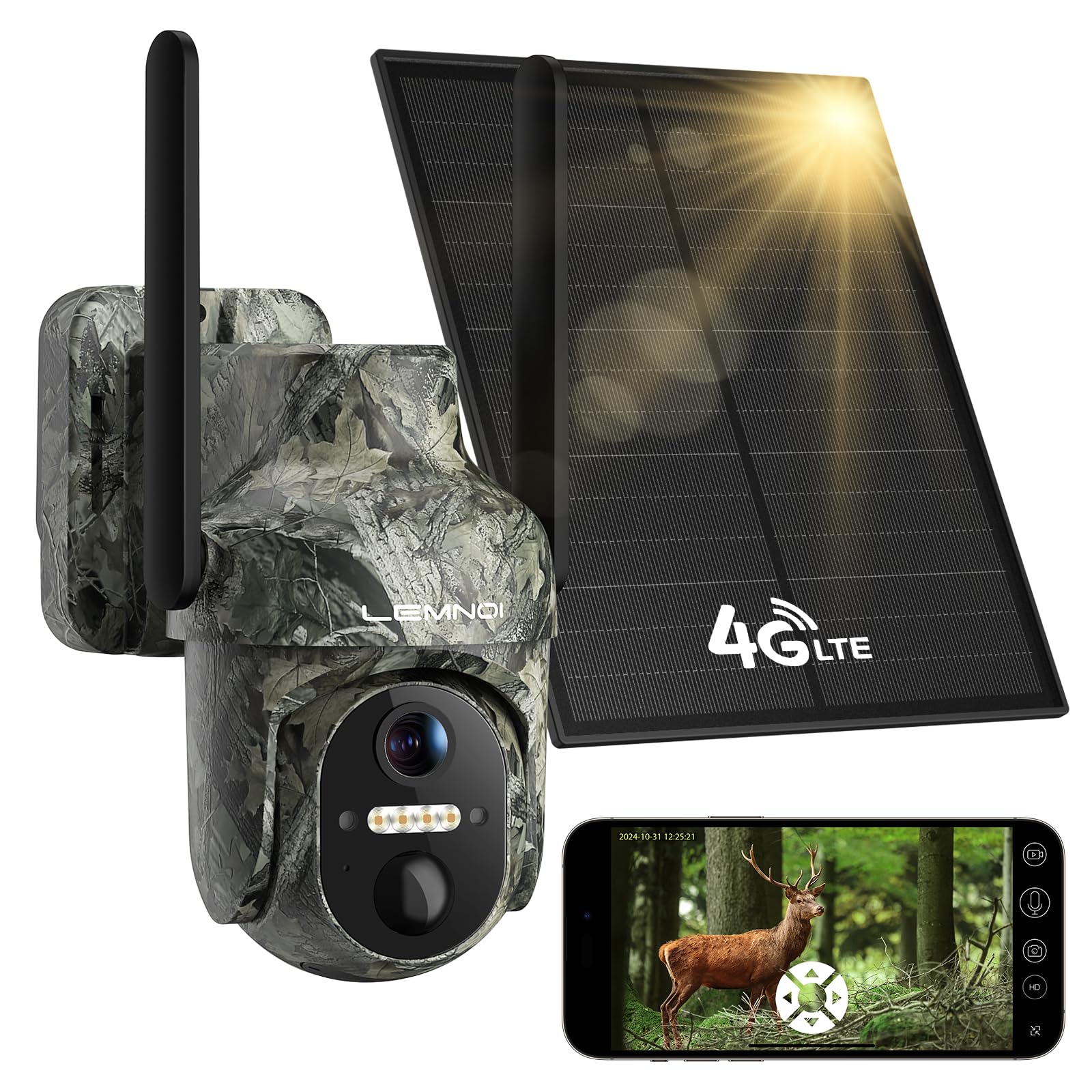 LEMNOI 4G LTE Cámara Caza Solar con Tarjeta SIM Preinstalado, 4G Cámara Vigilancia Exterior con Detección con Visión Nocturna en Color Starlight, PTZ 360°, Audio Bidireccional, IP66 Impermeable