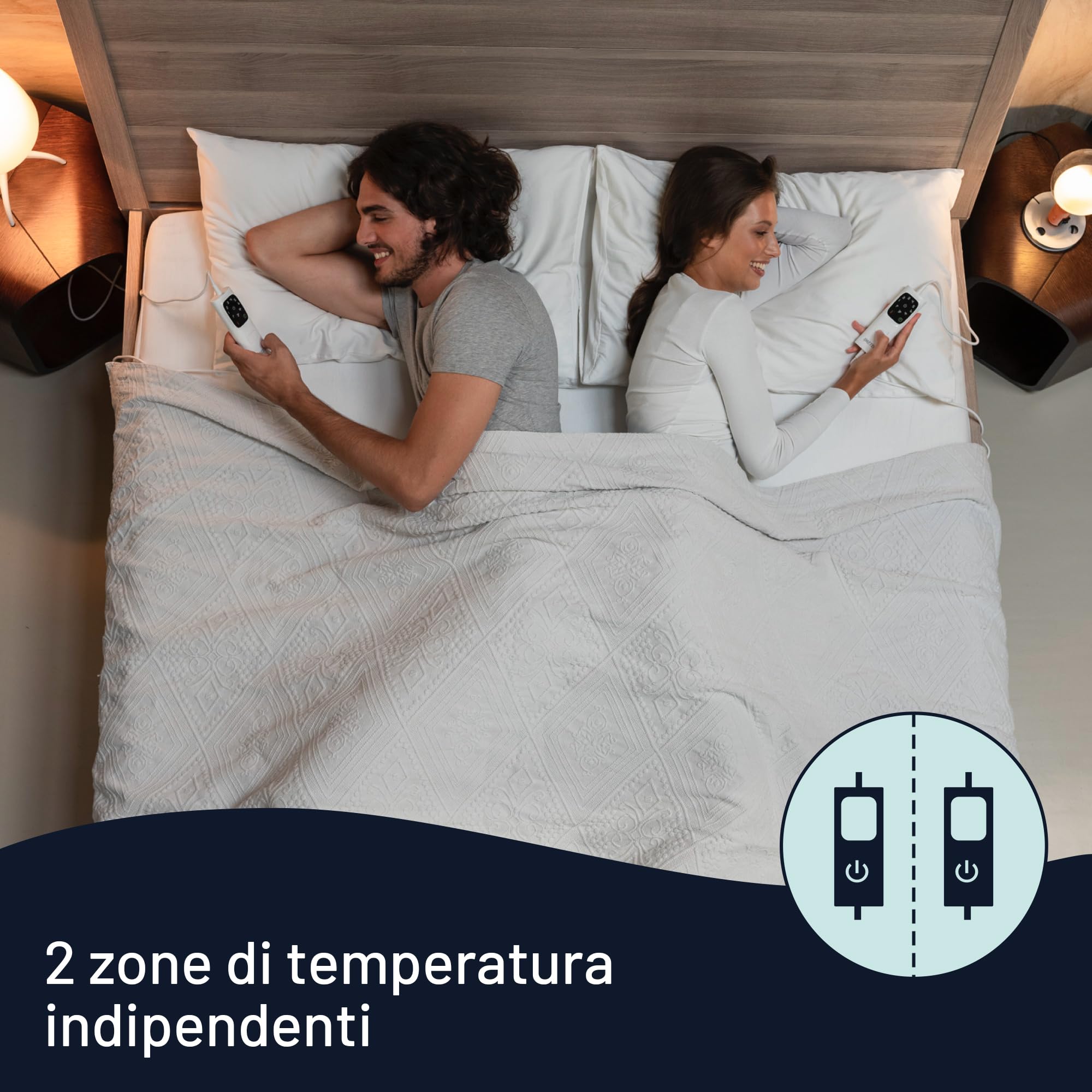 Imetec Adapto Scaldasonno Matrimoniale 150x160 - Scaldaletto Elettrico 100% Lana Merino, Basso Consumo, 2 zone di riscaldamento separate, Timer Autospegnimento, Massima Sicurezza, Made in Italy