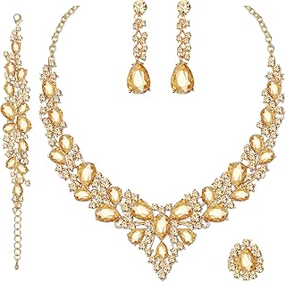 4 Pcs/Set Austrian Crystal Necklace Earrings Bracelet Ring Bridal Jewelry Sets for Brides Wedding Party Costume Accessories Gifts for Women