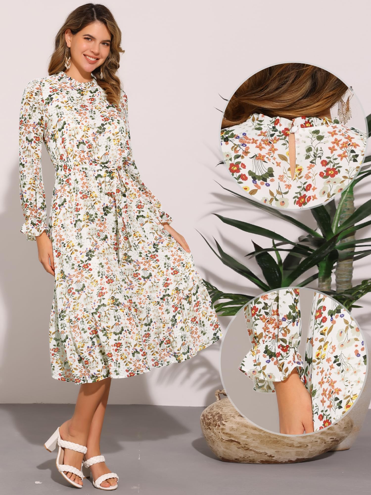 Allegra K Vestido floral casual de otoño para mujer, manga larga, cuello redondo, gasa, vestido midi con volantes para fiesta de té