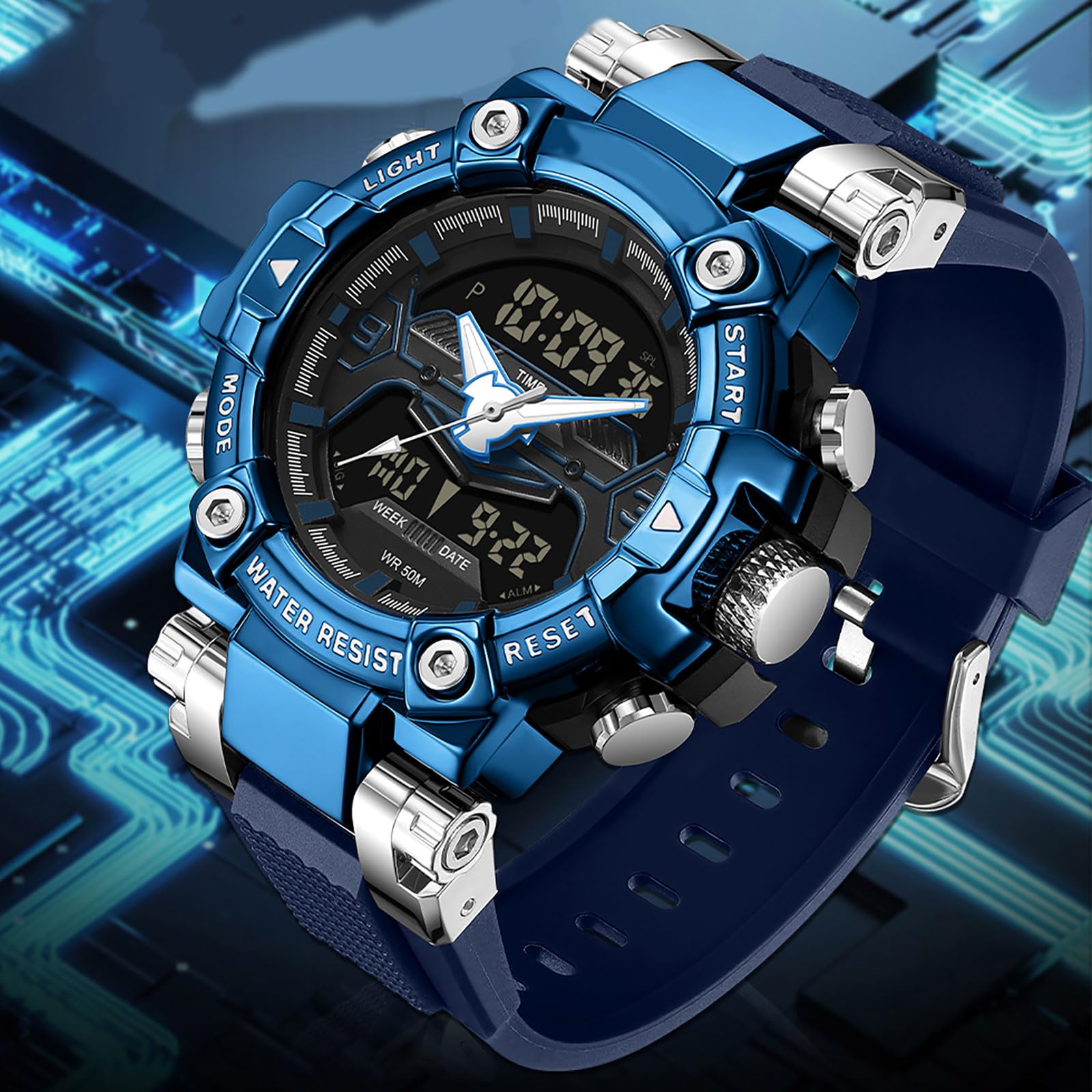 findtime Orologio da polso digitale da uomo, analogico, doppio display, nero, resistente agli urti, sportivo, con cronometro, illuminazione LED, allarme, data