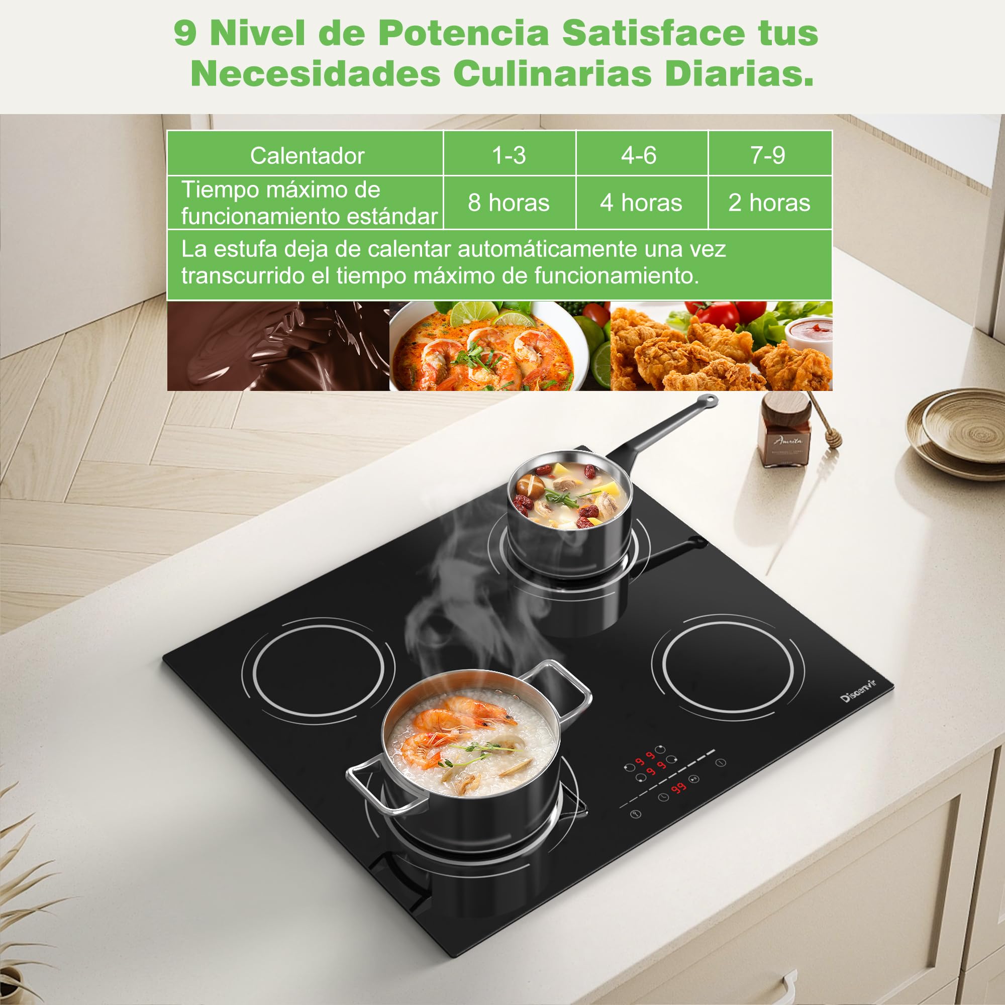 Placa Induccion 4 Fuegos 6400W, Placa de Inducción Integrada 4 Placas, Vitroceramica Induccion 56×49cm, Función de Pausa, 9 Nivels, Control táctil, con Temporizador, Cerradura Infantil | Booster, temporizador, protección para niños, función de pausa, 9 ni