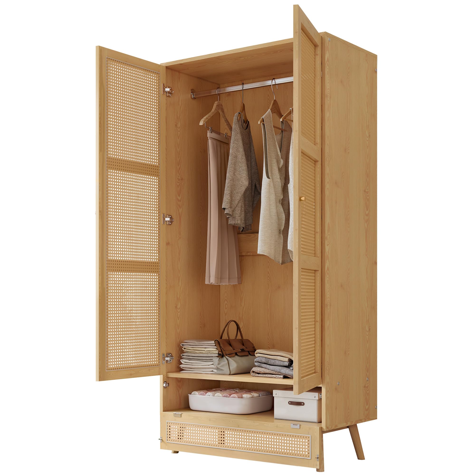 Azkoeesy Armario de dos puertas de ratán trenzado con base abatible multiusos, barra metálica, alta transpirabilidad, 90 x 45 x 183 cm, natural, ideal para dormitorio y salón