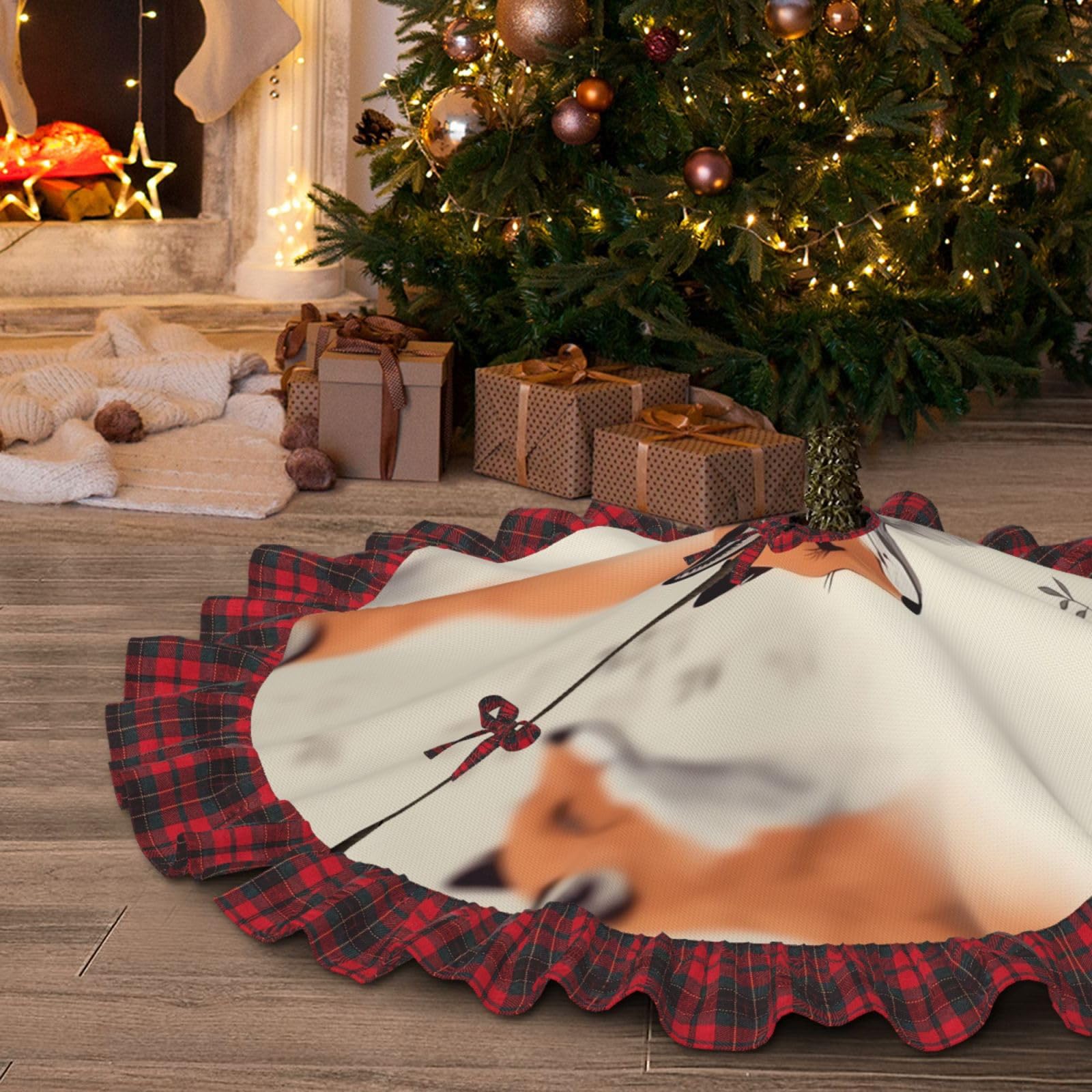 Jupe de sapin de Noël renard tapis rustique pour décoration de fête et nouvel an