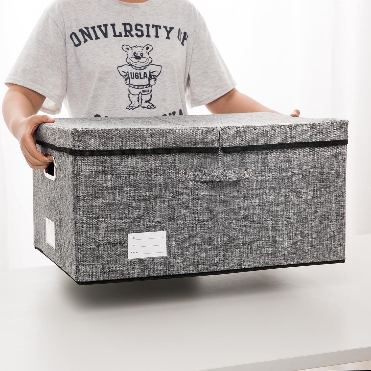 Prandom Grande Boîtes de rangement pliable avec couvercle,[Lot de 3] bacs de rangement de lin décorative, Panier Cube avec poignées,gris(58x40x30cm)