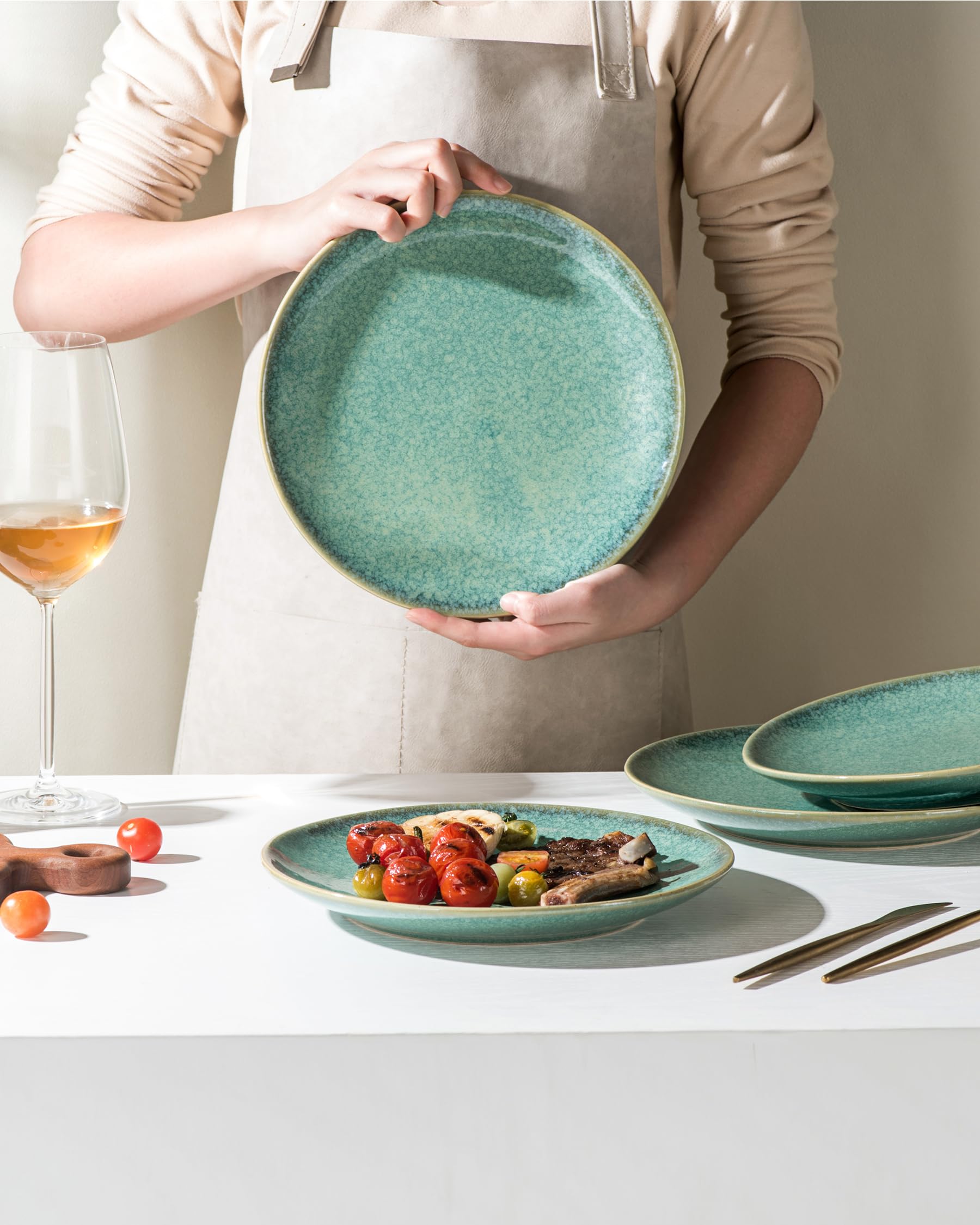 HENXFEN LEAD Speiseteller Teller Set Porzellan, 4 Teilig Pastateller Frühstücksteller, 26cm Große Essteller, Glänzend Grün
