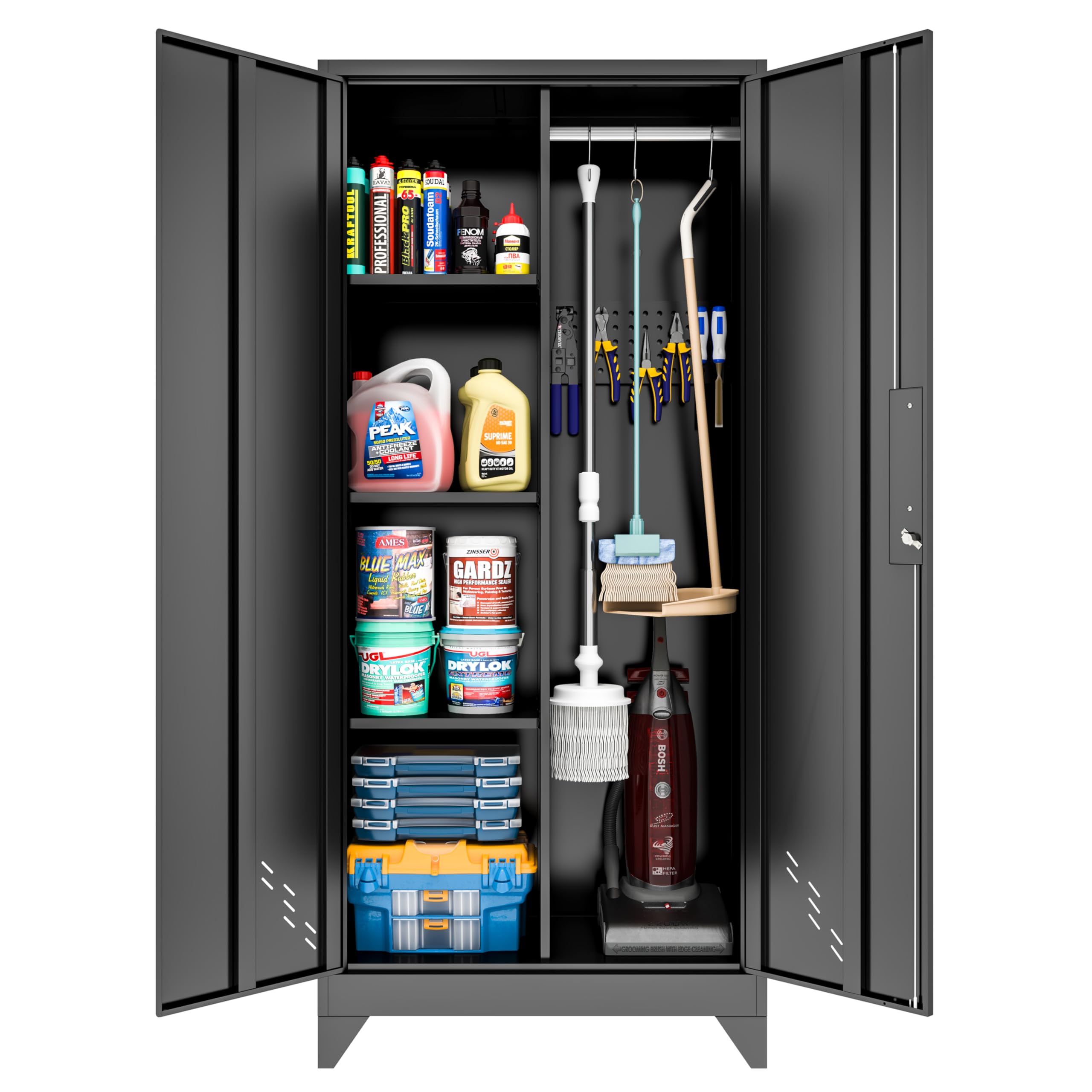 Metal Garage Storage Cabinets with Lock, Cabinet with Pegboard & Hanging Rod, Broom Closet Storage Cabinets, Black Lockable Steel Tool Cabinet for Home,Garage,Utility Room
