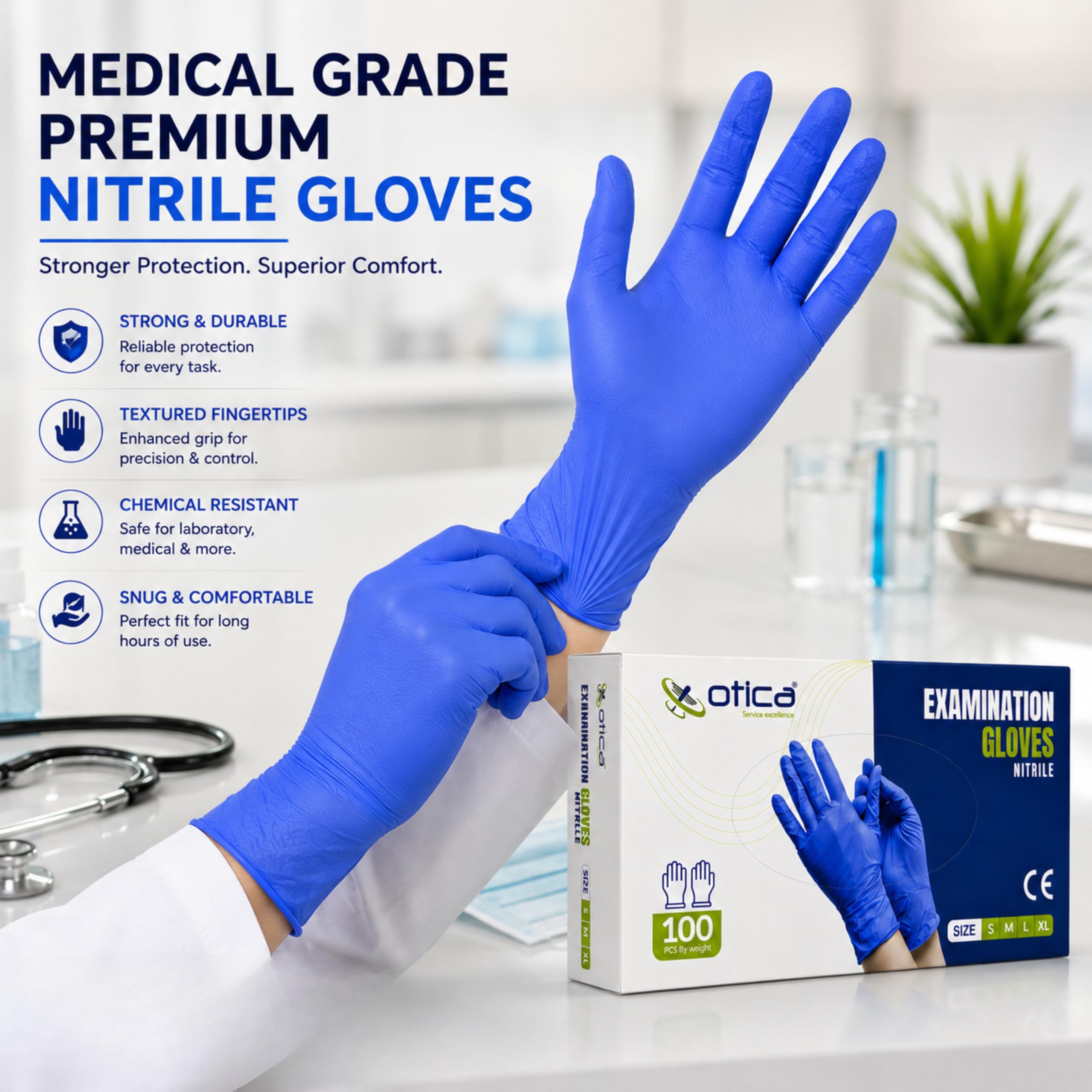 OTICA Nitrile Exam Hand Gloves|100 pcs|Tear Resistance|Stick Resistant|Powder Free|Gloves for Food,Dental and Hospital|Blue|Medical Examination Gloves Pack of 100(Small) 2