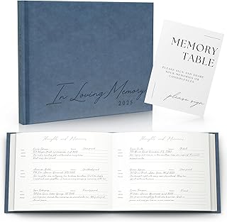 Serene Blue Leather Funeral Guest Book 2025 with Condolence Sign and Memory Pocket