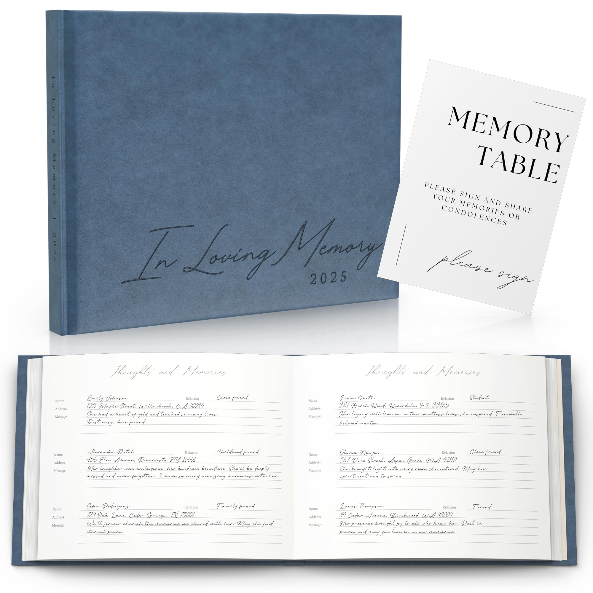 Funeral Guest Book for 2025 Celebration Of Life Memorial Service - Leather Memory Book for Funeral Guests to Sign In with Condolence Memory Table Sign & Back Pocket - Blue Guestbook