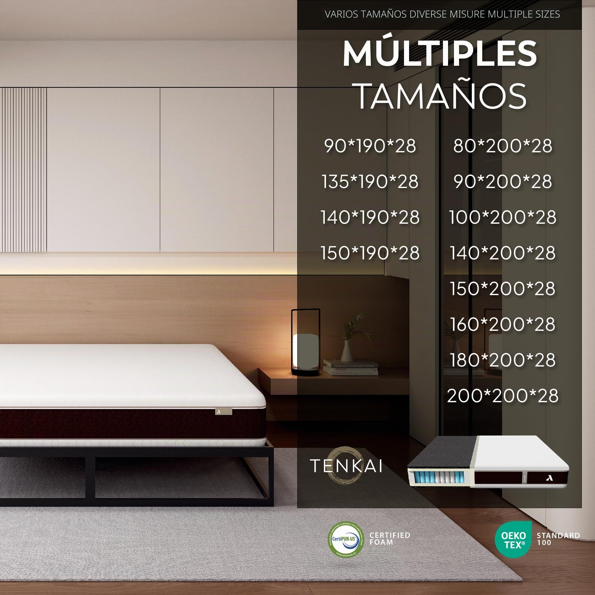 Colchón viscoelástico con muelles ensacados 150 x 200 cm TENKAI by ARQYA, 28 cm Altura, Doble Cara frío y Calor, firmeza Media y Alta, 7 Zonas ergonómicas, Ideal para Cama de Matrimonio