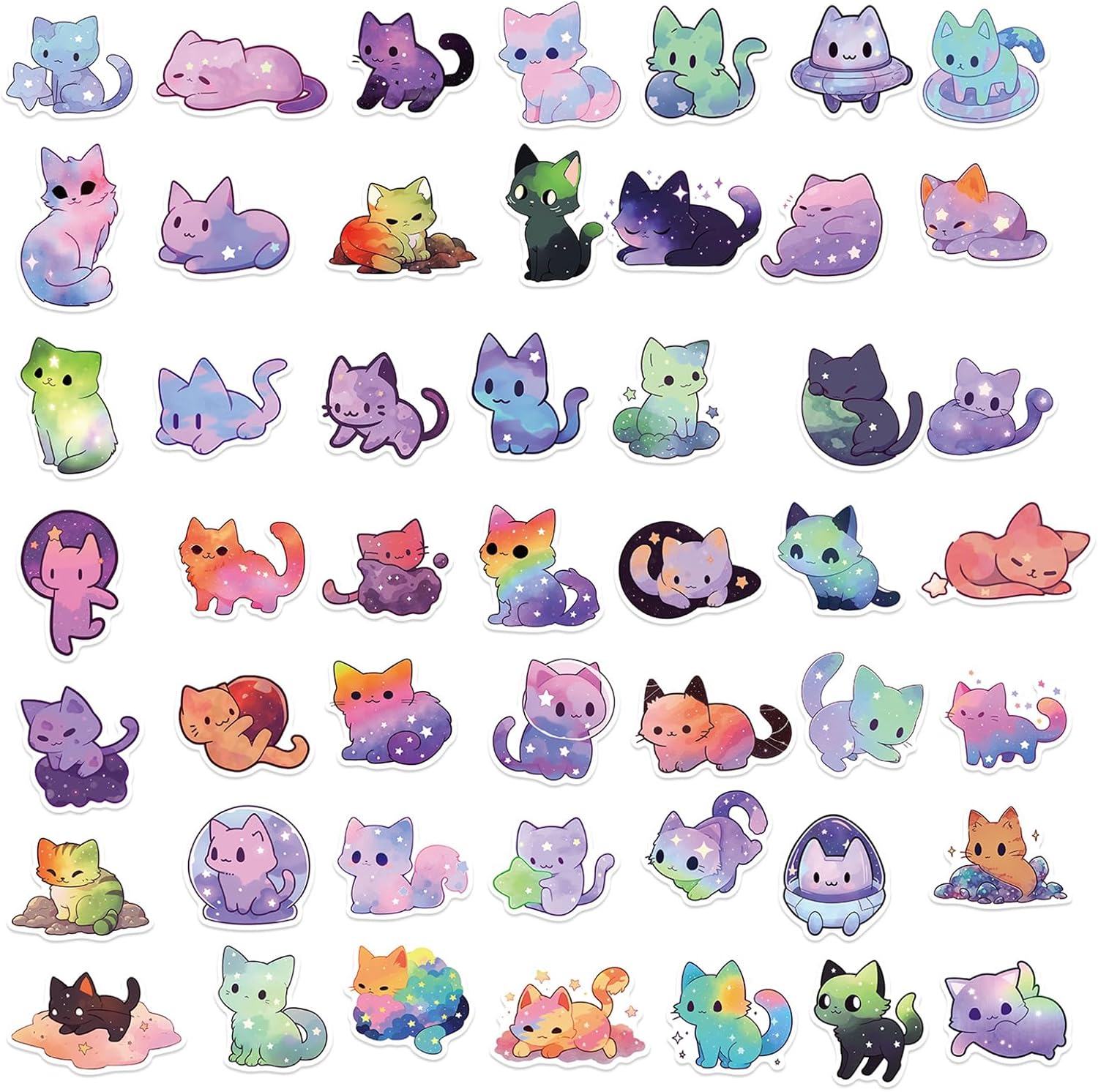 50Pcs Fantasy Starry Sky Cat Stickers Pack - Cute Rainbow Color Cat Stickers Decals for Kids, Waterproof, Vinyl Laptop Stickers Pack, Classroom Prizes for Elementary Students (Astral Cat)
