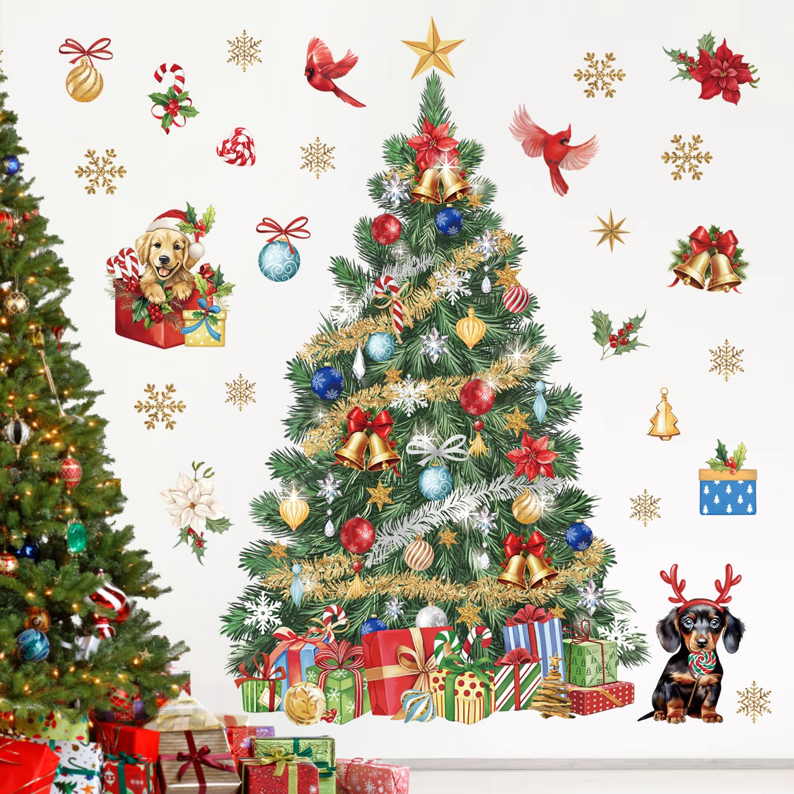 wondever Christmas Tree Wall Decals Xmas Tree Dogs Wall Stickers (XL)