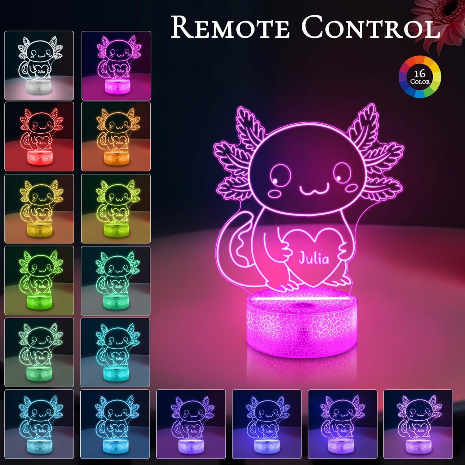 Personalized Axolotl Night Light, Salamander 3D Illusion Lamp Engraved Name Letter with Remote, Kids Bedroom Decor Multicolor Custom Desk LED Lamps, Xmas Holiday Birthday Gifts for Girls Boys