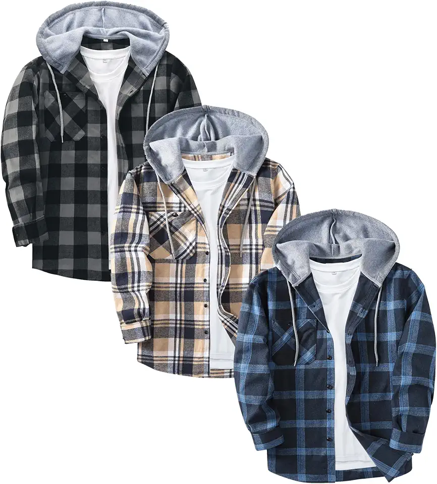 ZITY 3 Pack Men's Flannel Hoodie Shirts Long Sleeve Casual Vintage Button Down Plaid Shirt Jacket with Pocket