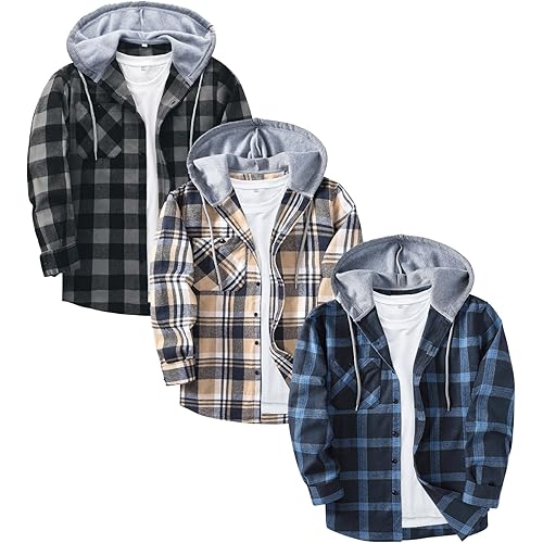 ZITY 3 Pack Men's Flannel Hoodie Shirts Long Sleeve Casual Vintage Button Down Plaid Shirt Jacket with Pocket
