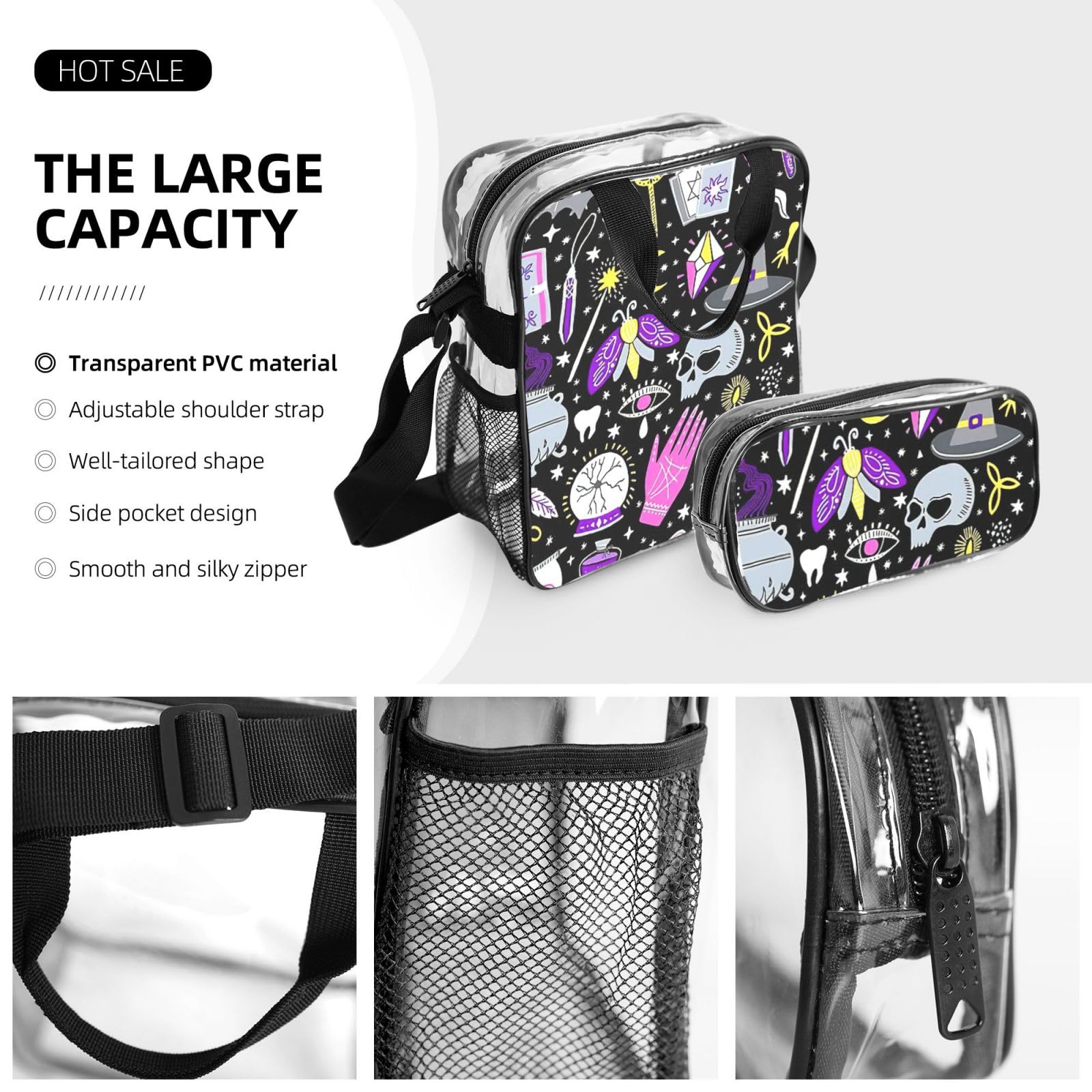 Magiczna czarownica czary bohema rysunek nadruk unisex 3-częściowy przezroczysty plecak zestaw torba na lunch do szkoły podróży na świeżym powietrzu sport