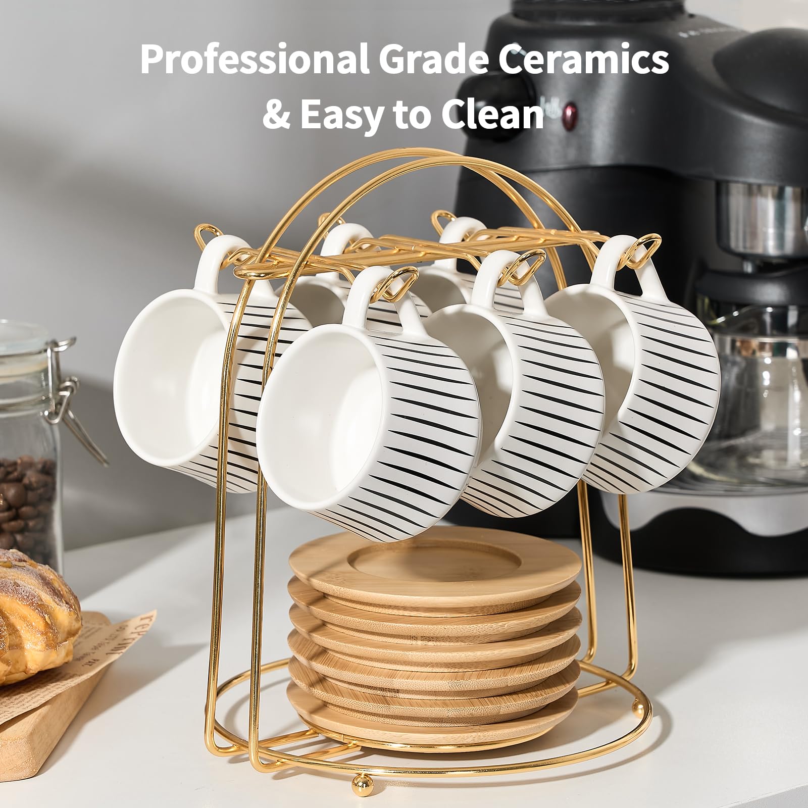 LUKA Juego de 6 tazas de café espresso de cerámica con platillos con soporte de metal, tazas de porcelana Demitasse de 4 onzas para té, espresso, latte, café, café moca, juego de 6, rayas blancas y