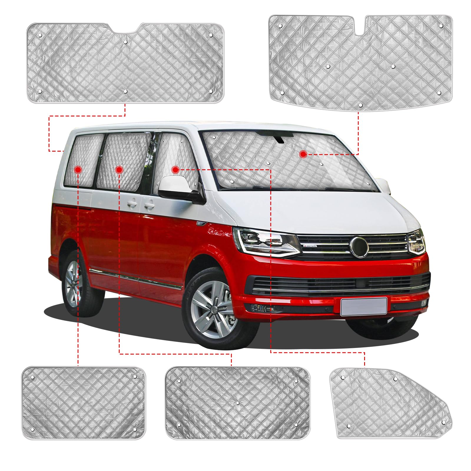 MaxAwe Ensemble de 8 pièces de stores thermiques internes pour VW T5/T6 LWB, kit de protection solaire de luxe, housse de protection pour pare-brise avant - Protection UV estivale et isolation