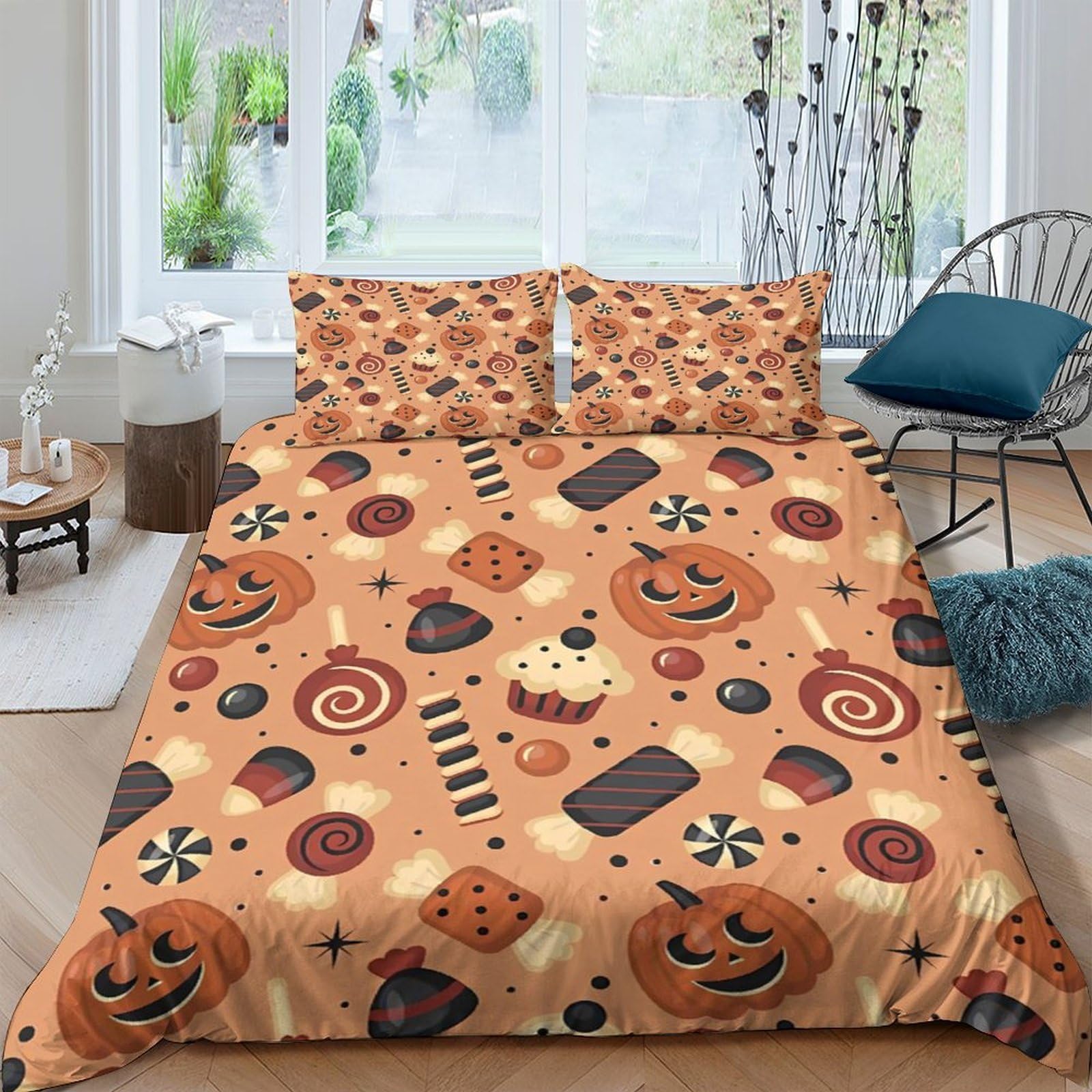 Ctjqhvkz Style-8 3D Printed Halloween Pumpkin Fitted Sheet Microfiber Candy Pattern Bed Cover For Bedroom Guest Room Dorm Decor Single（135X200cm）