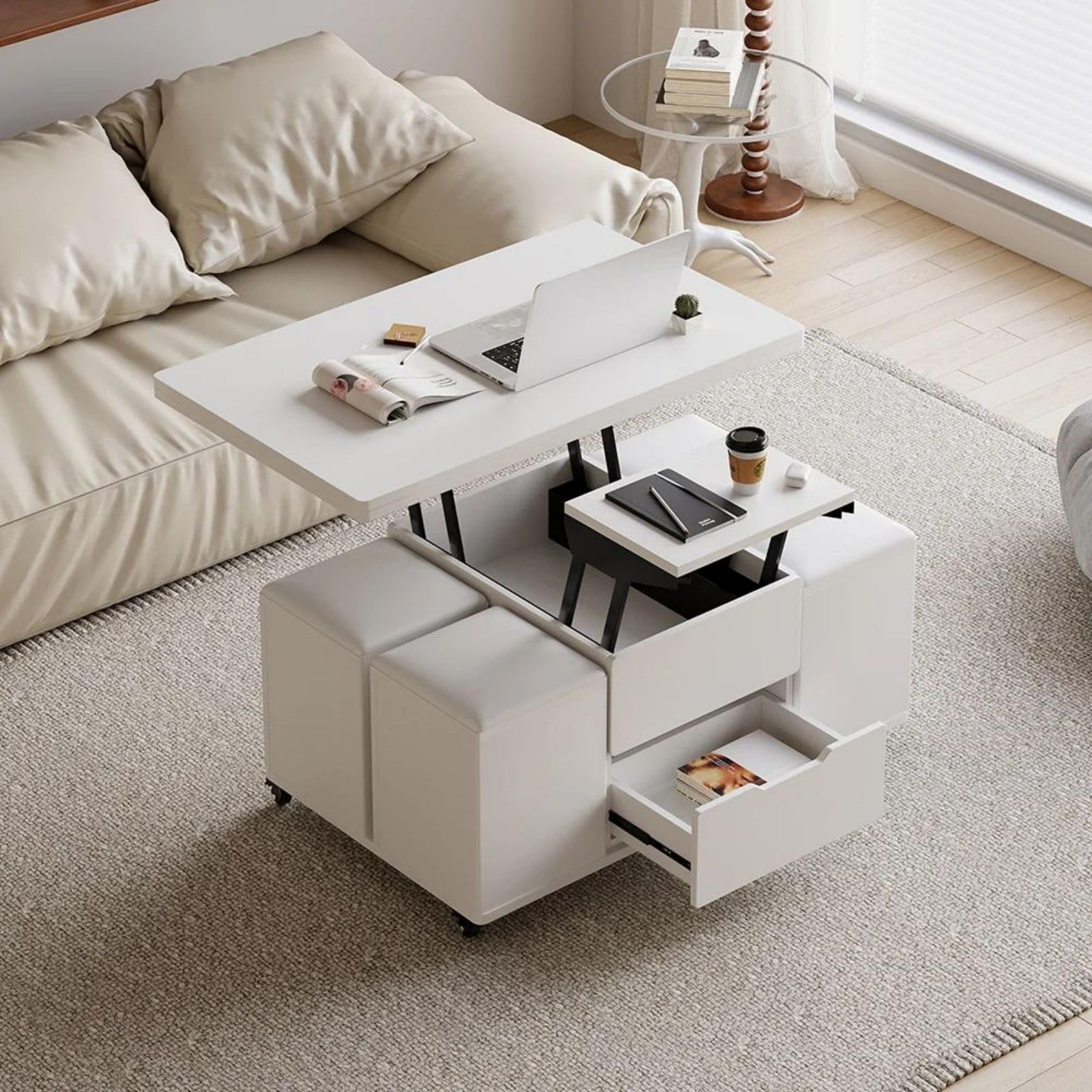 Homary Mesa Lateral Blanca con Almacenamiento Oculto, Mesa Multifuncional 3 en 1 con 4 Taburetes y Ruedas Bloqueables (Blanca)
