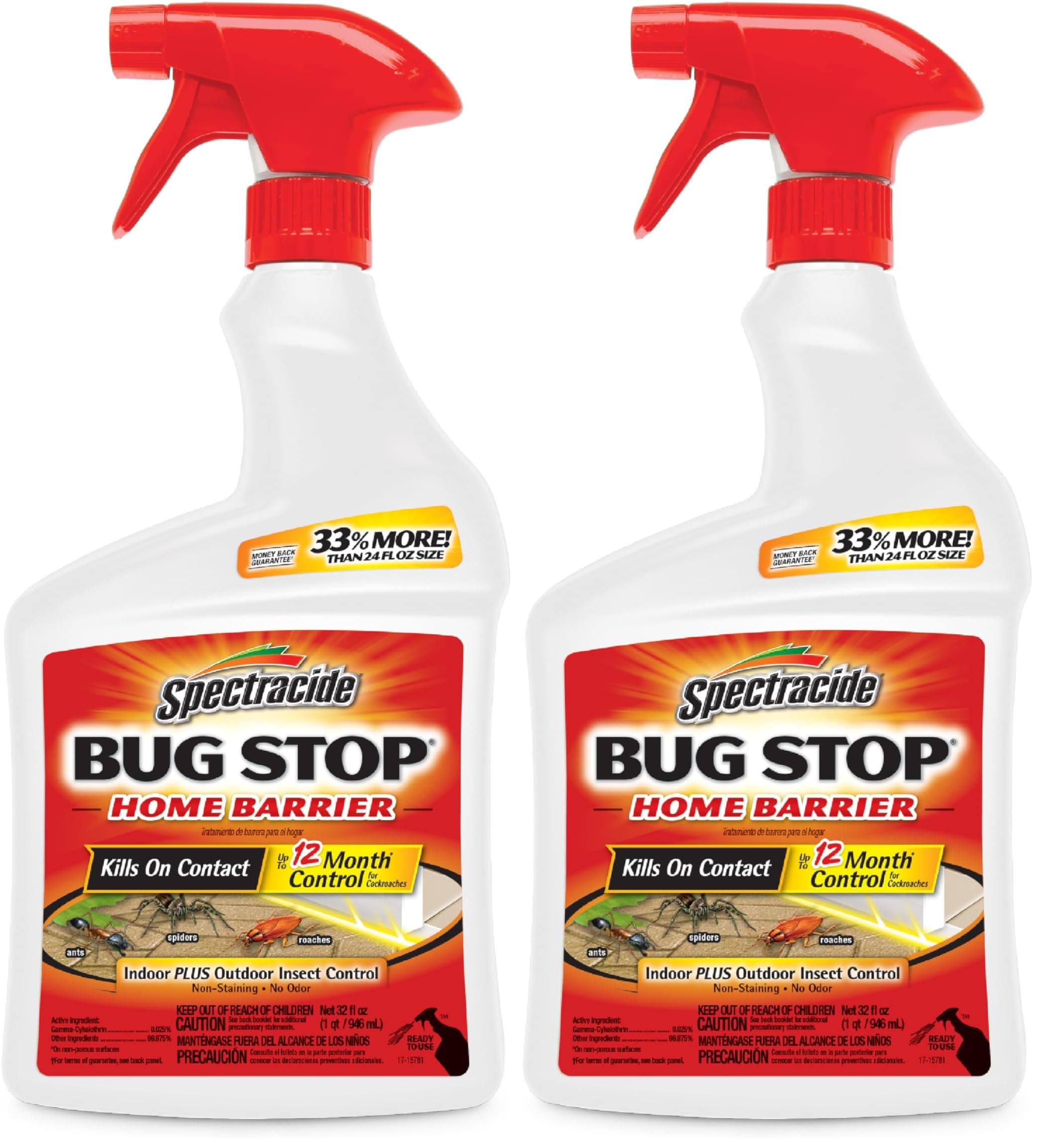 Spectracide Bug Stop Home Barrier, Kills Ants, Roaches and Spiders On Contact, Indoor and Outdoor Insect Control, 32 fl Ounce Ready-to-Use Spray (Pack of 2)