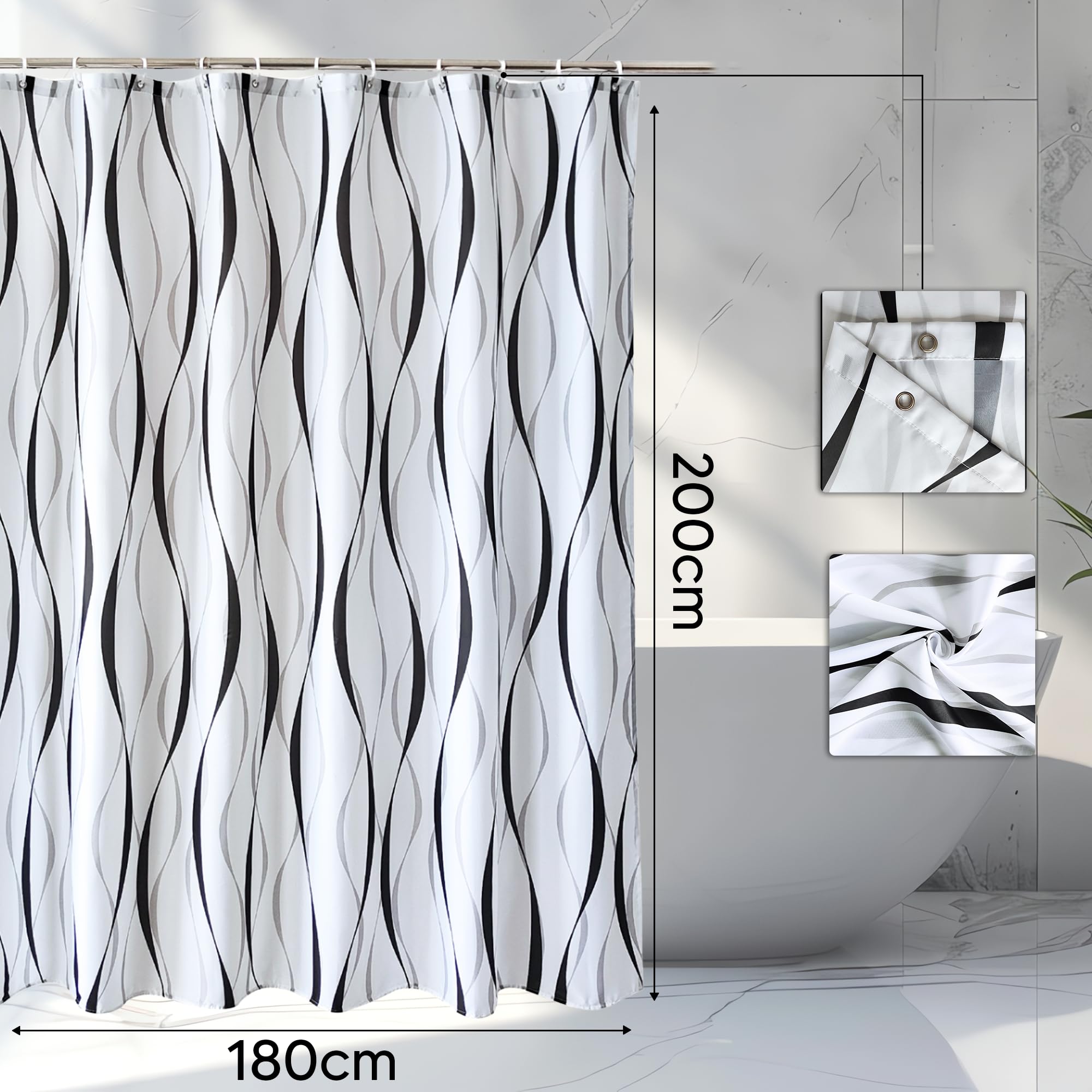 WedDecor Bathroom Shower Curtain Waterproof Anti Mould Mildew Resistant - Image 2