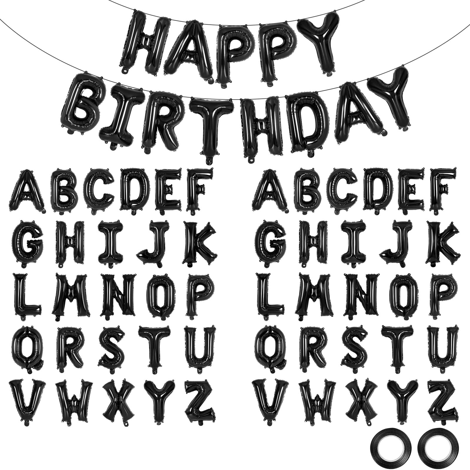 65 Pcs Black Happy Birthday Balloons, 2 Sets A-Z Black Letters Foil Balloons,16 Inch Personalized Name Happy Birthday Banners for Wedding Baby Shower Anniversary Party Decorations