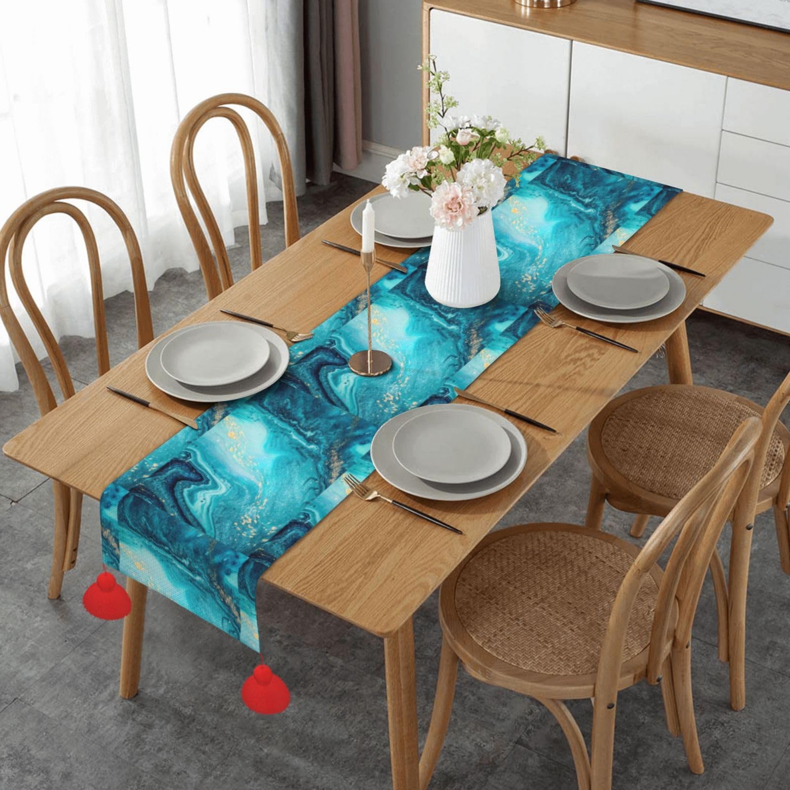 Camino de mesa de Navidad de mármol azul y dorado, decoración de mesa de cocina, comedor, para interiores y exteriores, decoración de fiesta en el hogar, 60 pulgadas