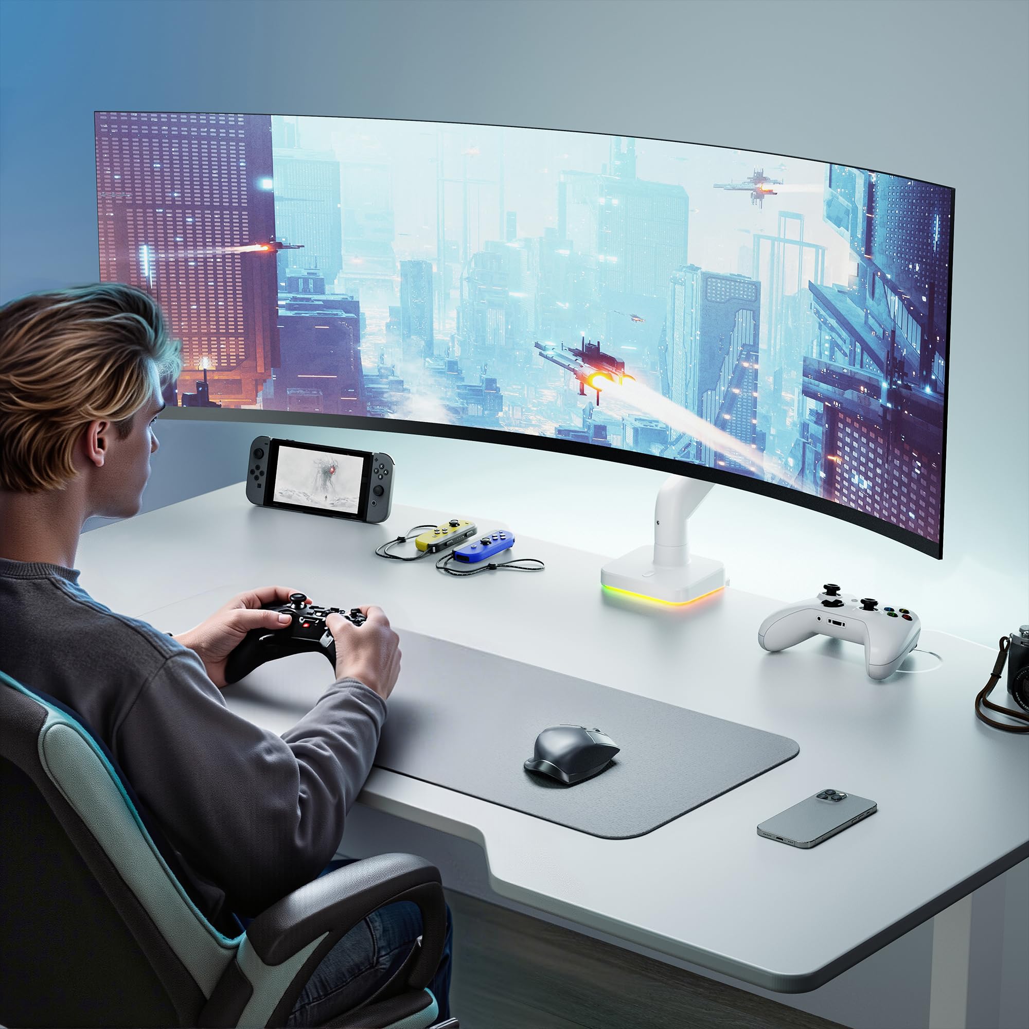 ARES WING RGB Gaming Monitor Halterung für 17-49" Monitore,Weiß | Monitor Arm für schwere 20 kg Flach & Curved Monitore, höhenverstellbarer Monitorarm, für Gamer Designed