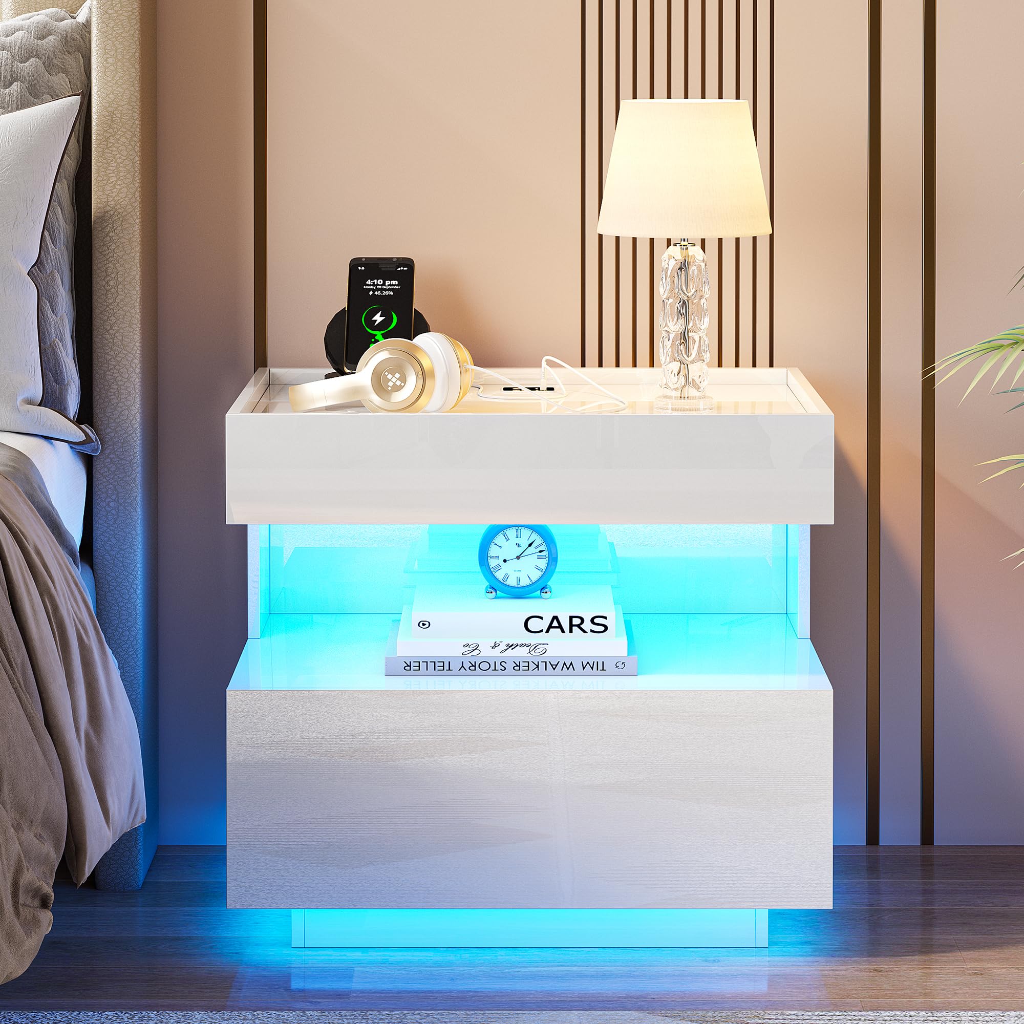 Vlsrka LED Nachttisch mit Ladestation, Nachttische mit USB-Anschlüssen | Moderner Nachttisch mit Bewegungssensor und LED-Beleuchtung, Beistelltisch mit 2 Schubladen für das Schlafzimmer, Weiß