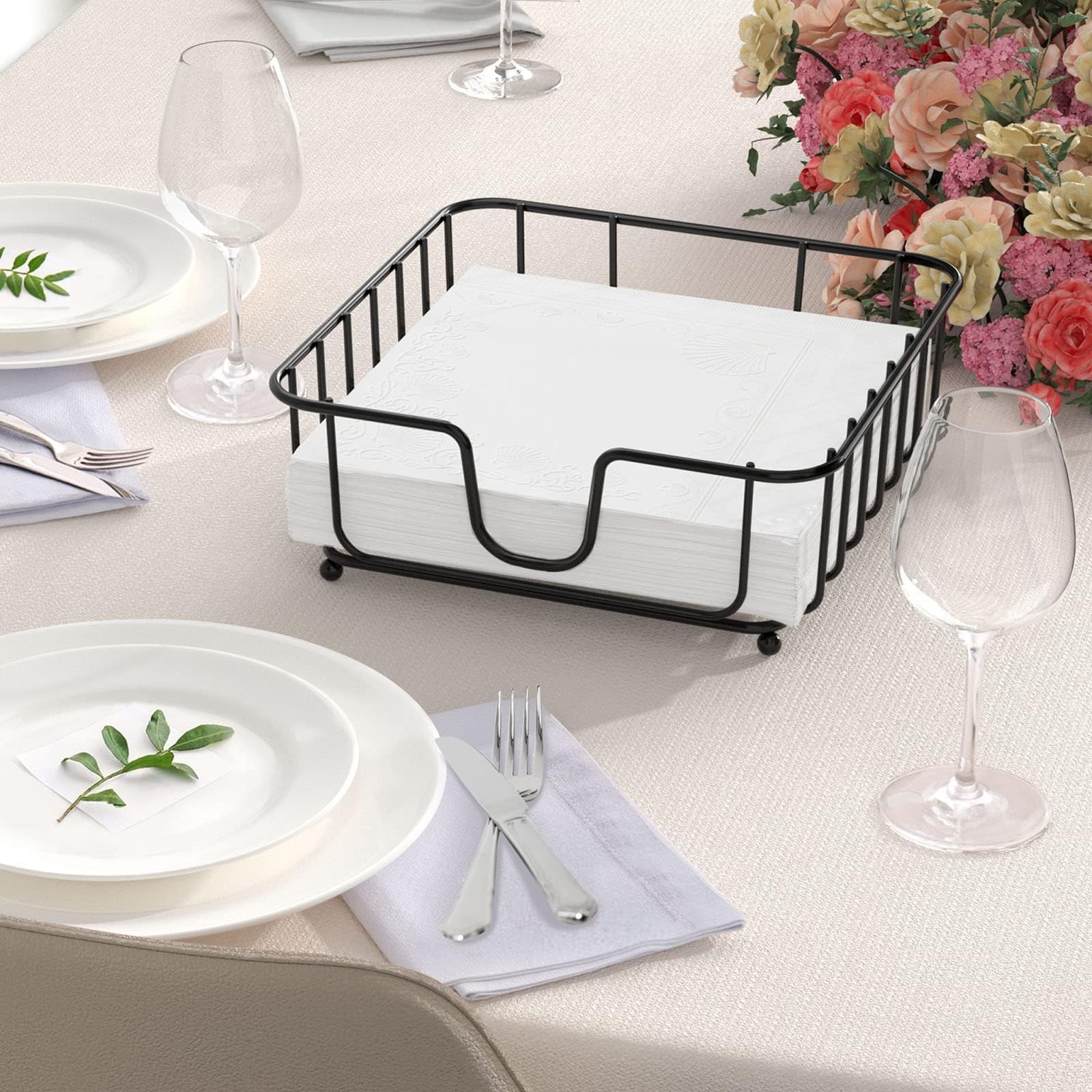 Servilletero para mesa, servilletero negro para cocina y mesa de comedor, moderno soporte de metal limpio, 6.9 x 6.9 x 2.2 pulgadas, tamaño interior, paquete de 2