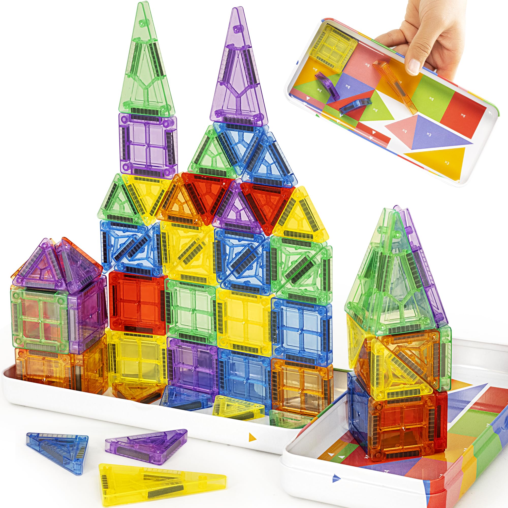 cossy Mini Magnetic Tiles, Travel Magnetic Tiles 60-Piece, Magnet Building Tiles with Metal Box, Magna Tiles for Kids, Learning Educational Construction Toys for 3+ Year Boys & Girls — image 1