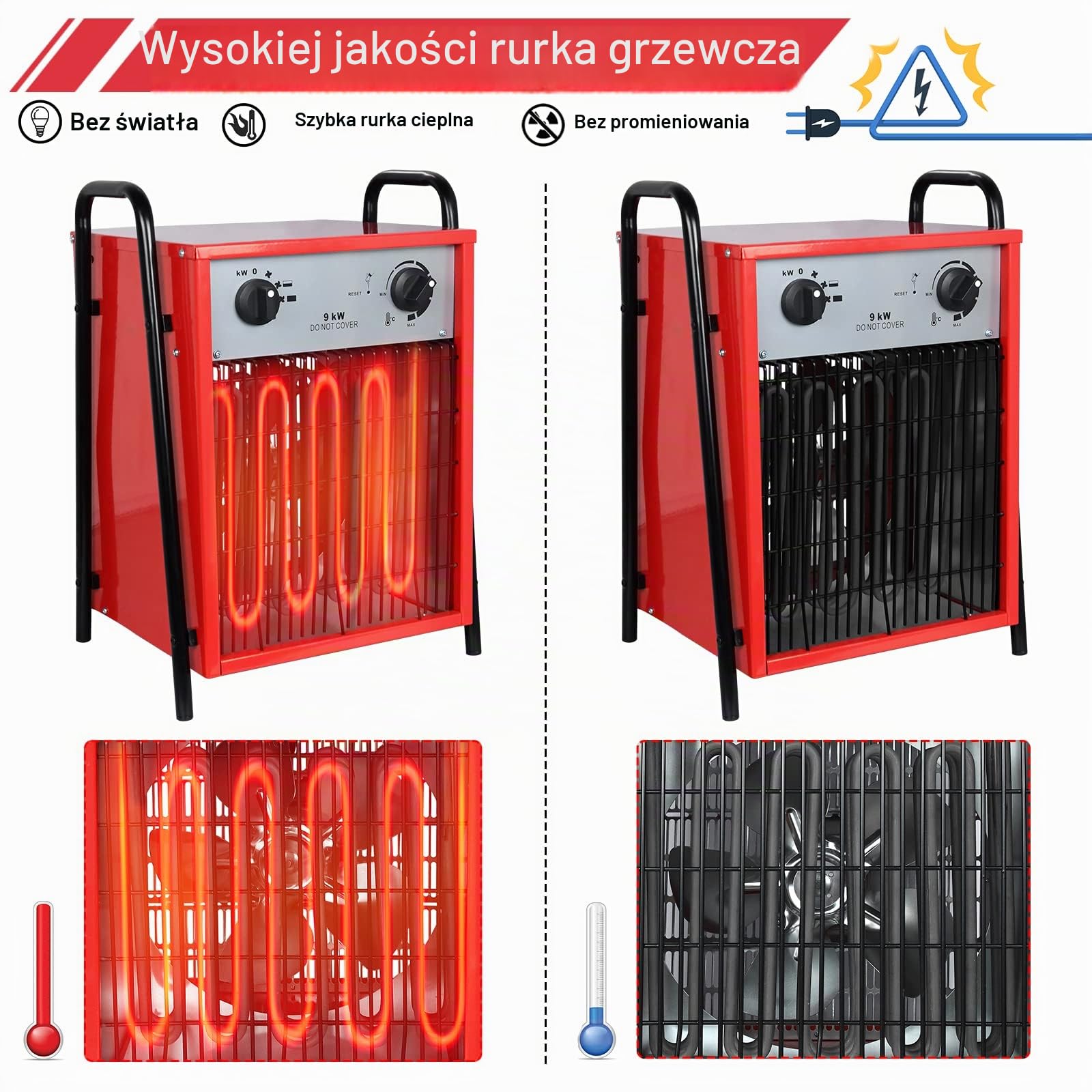 LZQ Termowentylator elektryczny 9 kW, energooszczędny, profesjonalny grzejnik przemysłowy, z 3 stopniami ogrzewania, wbudowany termostat, grzejnik budowlany