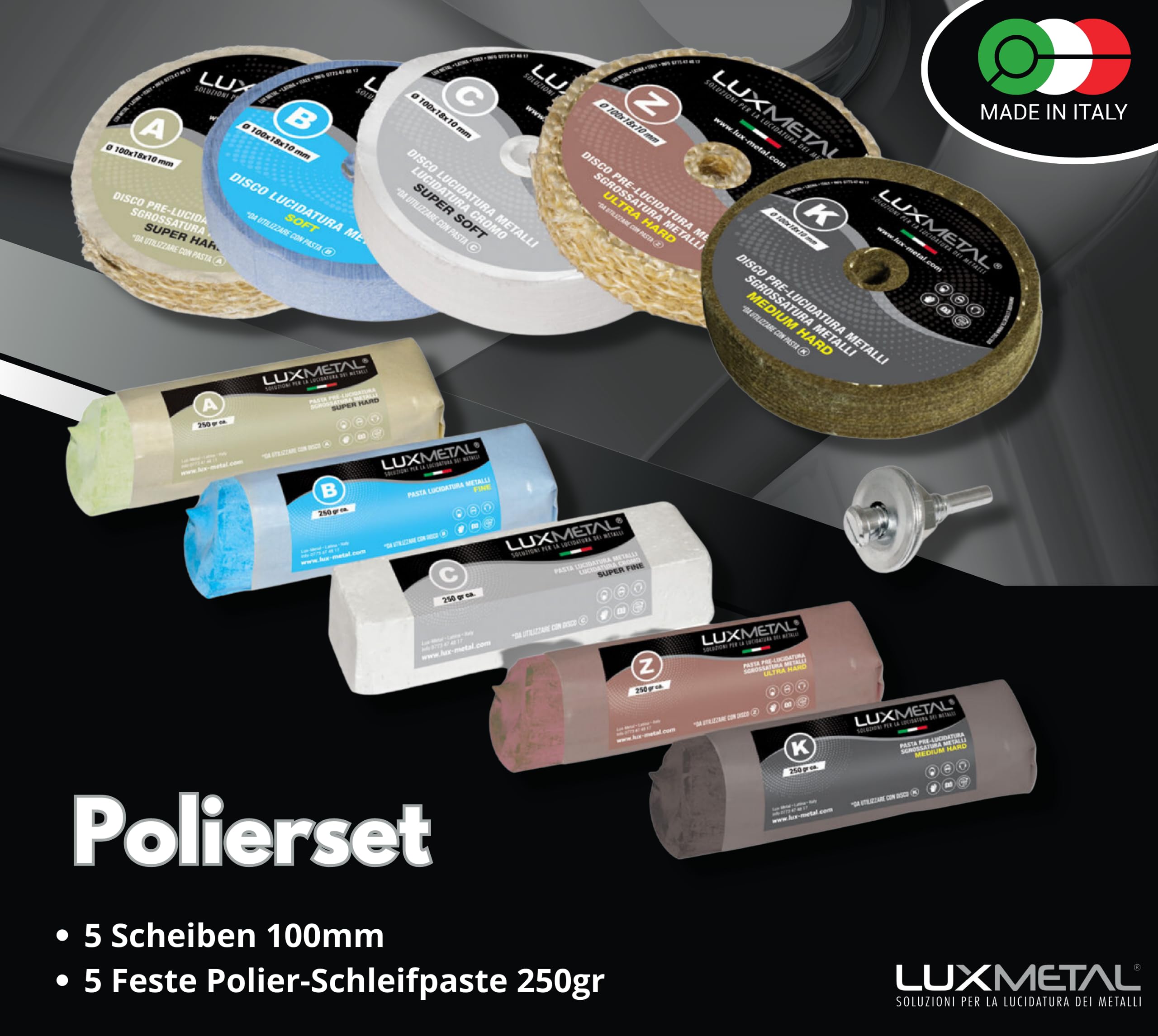 Lux Metal 5 polierpaste 250 g - 5 Polierscheibe 100 mm, Polierset Set DIY kit Schleifpaste Metall, Aluminium, für Bohrmaschine, Edelstahl, Messing, Kupfer, Holz, Kunststoff, schleifmaschinen, Messer