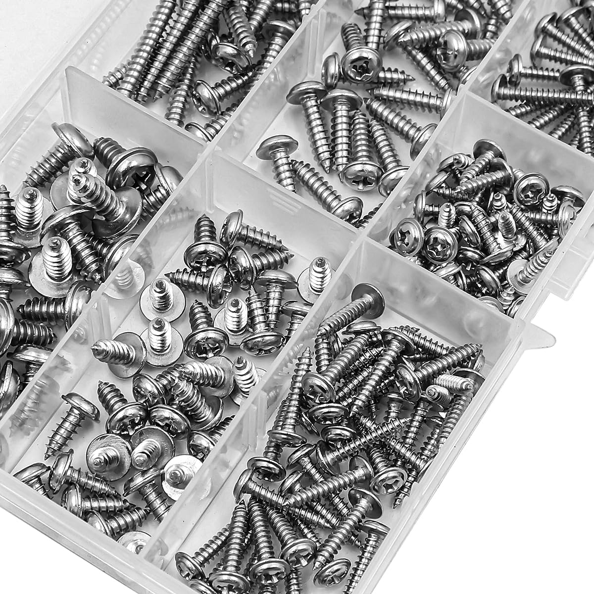220 Pcs NUZAMAS M3 M4 M5 Self Tapping Screws 304 Stainless Steel Cross Pan Round Head with Washer Self-Tapping Screw Cross Recessed Round Head Screw with Storage Box - Image 4
