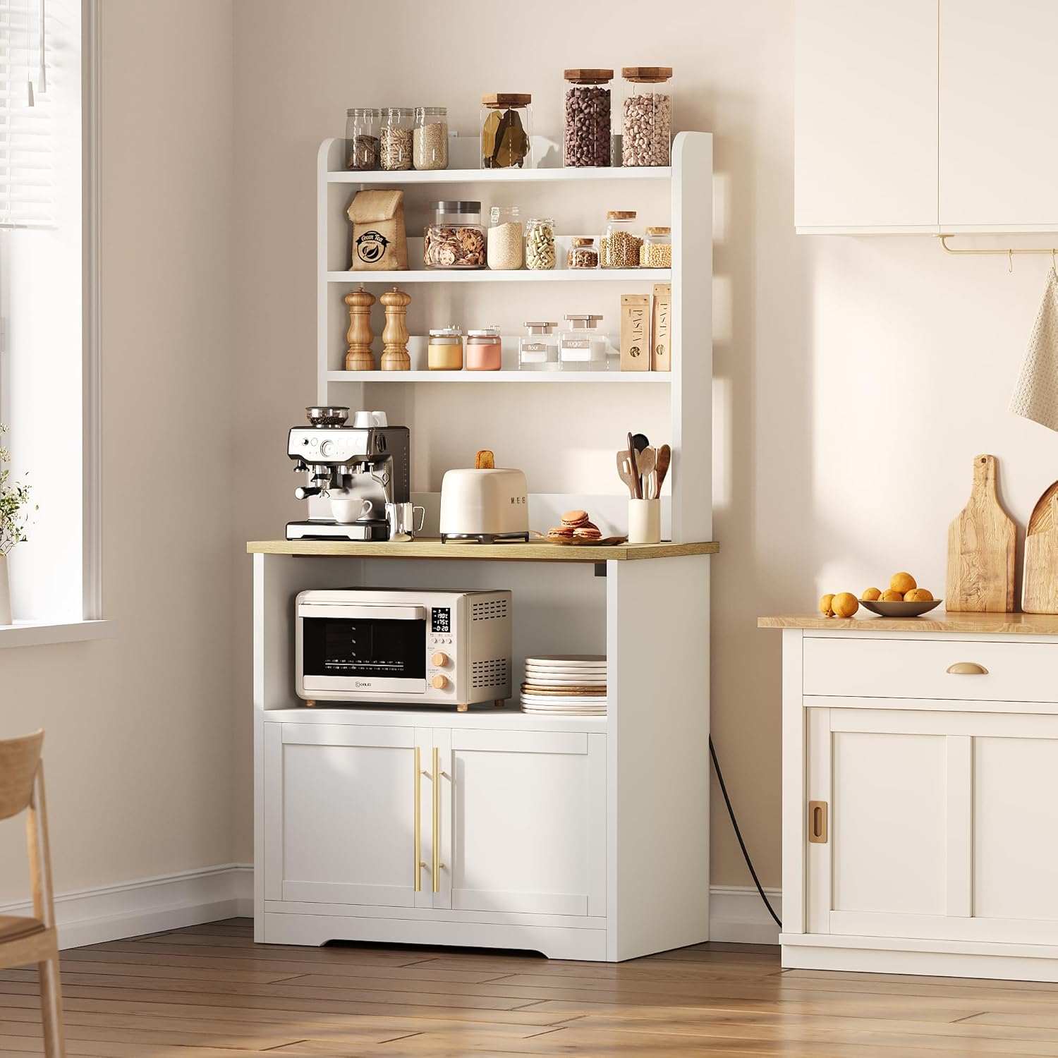 GAOMON Bakers Rack with Power Outlet and USB, Microwave Stand with Storage Cabinet, Coffee Bar Station for Kitchen, Utility Shelf Rack for Spices, 63" Tall, White