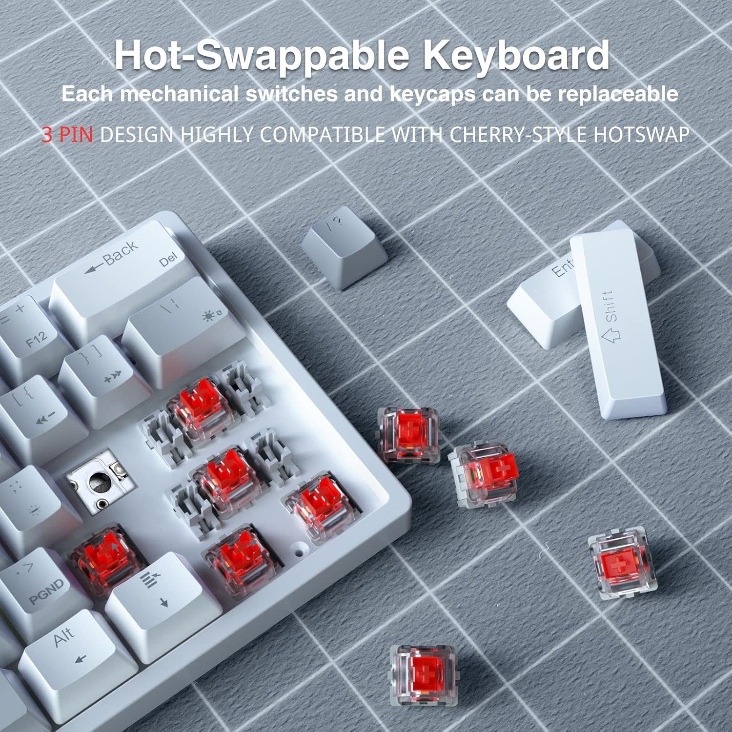Close-up of the SK961 keyboard with several keycaps and red mechanical switches removed, demonstrating its hot-swappable feature.