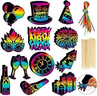 HOWAF 36pcs New Year Scratch Paper Art Kit, New Year’s Eve Rainbow Scratch Off Cards for 2026 NYE Holiday Activity School DIY Drawing Project Supplies, News Years Paper Scratch Cards