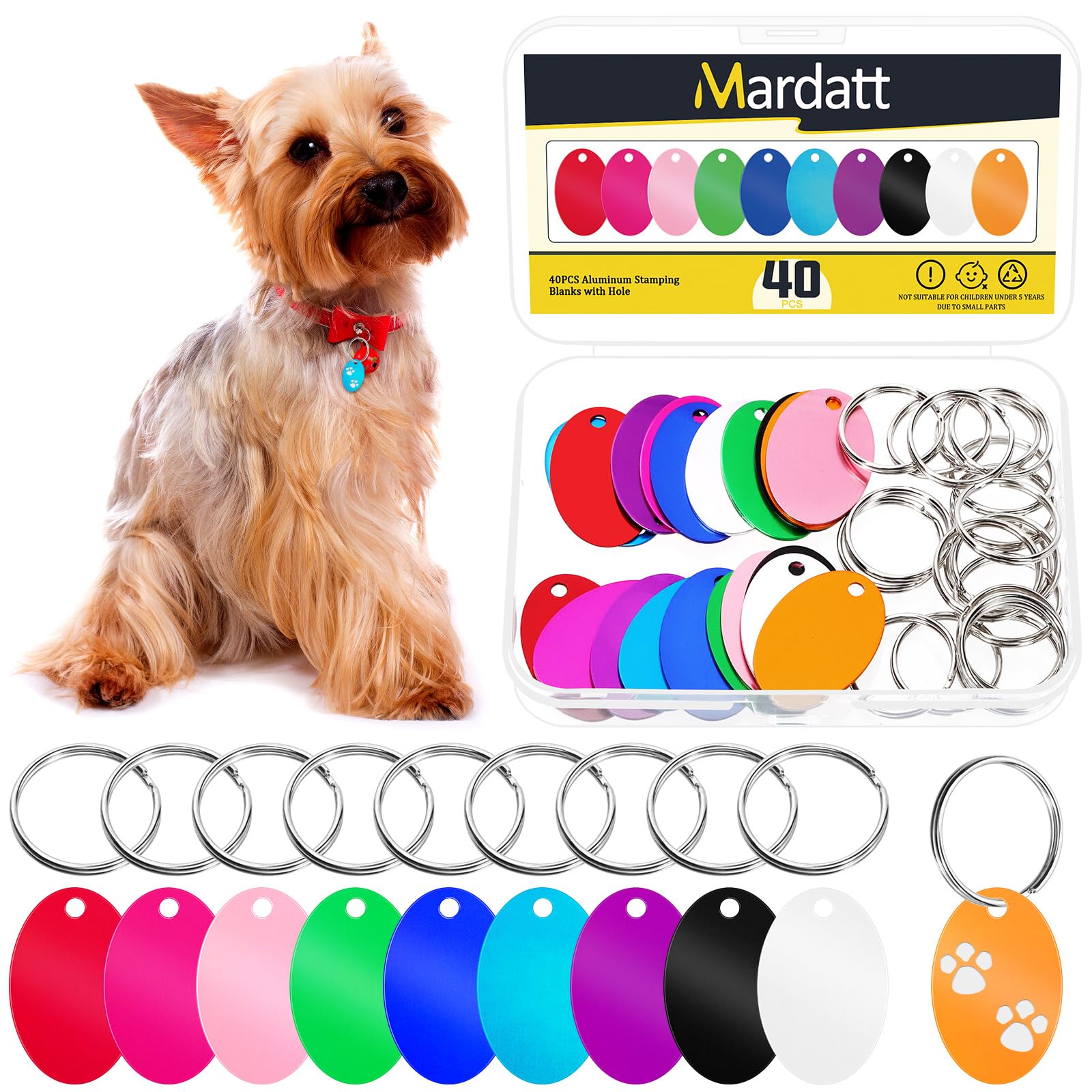 Mardatt 40Pcs(20 Set) Aluminum Blank Tags with Key Ring Kit, 10 Colors Oval Stamping Blanks Engraving Blank Discs Dog Tag Pet Tags for DIY Decorative Craft, 38 x 25 x 1mm