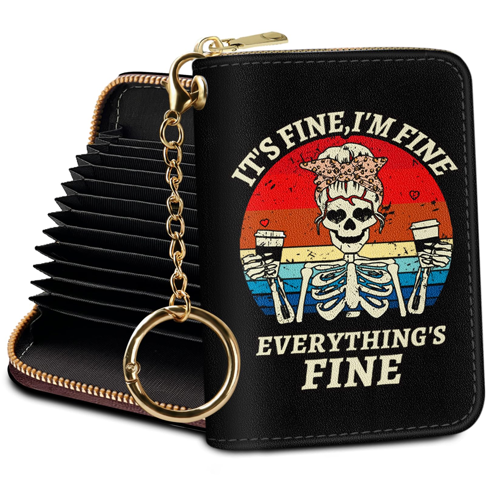 Credit Card Holder RFID Wallet, Small Card Holder Wallet for Women with Keychain Zipper, Funny Leather Print Credit Card Wallets Accordion Gift