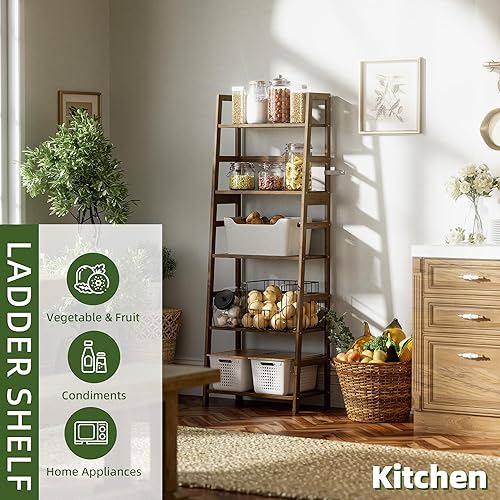 Miniatura 9 de Estante de escalera, estantería de 5 niveles, estantería resistente de bambú, estante de almacenamiento de madera abierta independiente, soporte