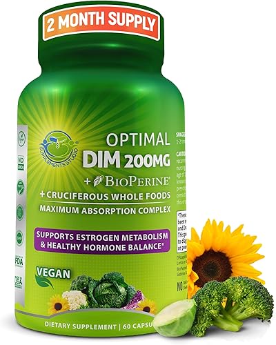 Miniatura 1 de Suplemento DIM óptimo de 200 mg - Complejo vegano de diindolilmetano - Estrógeno y equilibrio hormonal para mujeres y hombres - Fabricado con