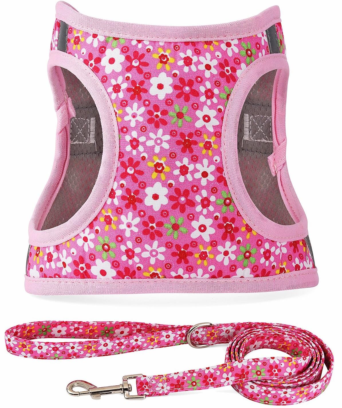 Moonpet Step in Dog Harness Leash Set- All Weather Reflective No-Pull Floral Pattern Padded Mesh Vest Harness for Cats Puppy Extra-Small Small Medium